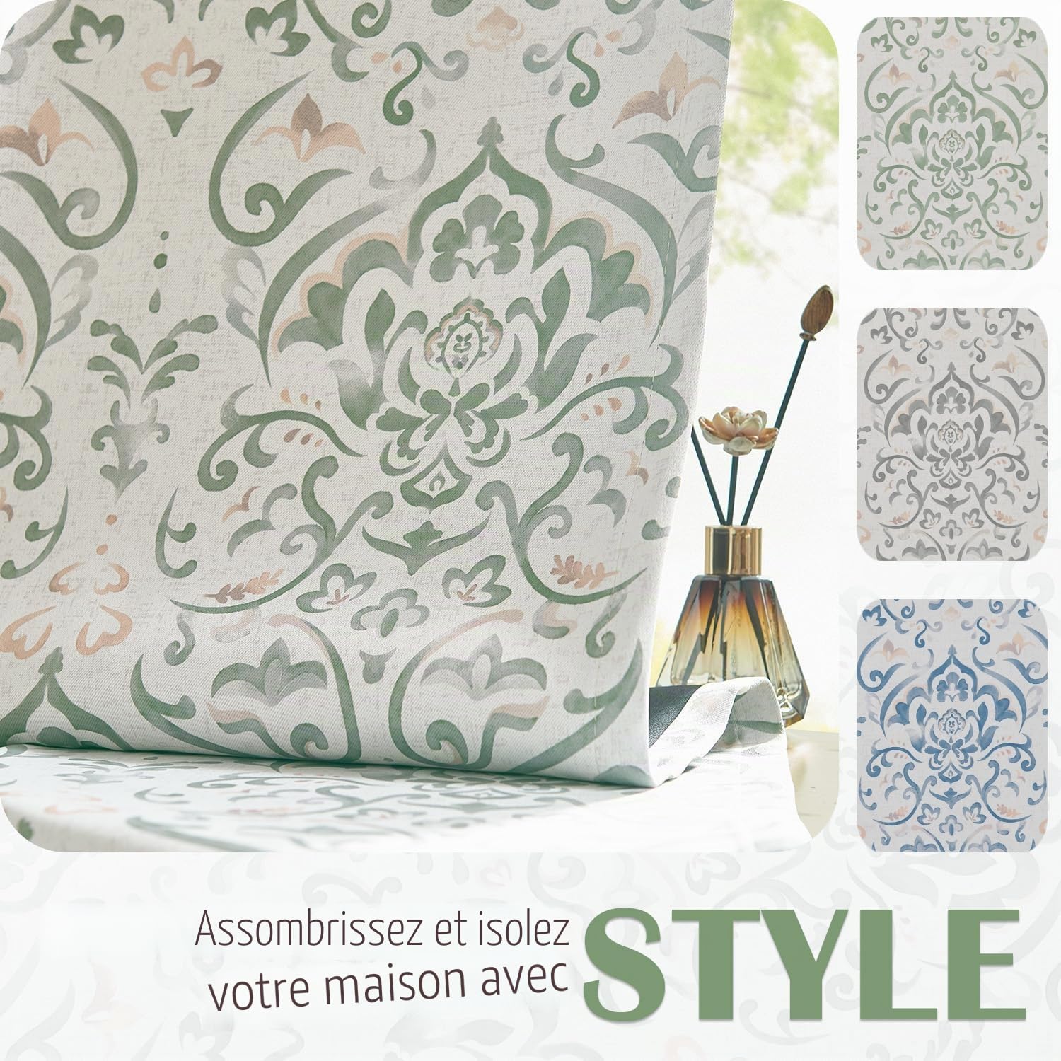 Lazzzy Lot de 2 Rideaux occultants à Isolation Thermique avec Languette arrière et Motif damassé Vert Sauge, 213,4 cm de Long pour Salon, Motif Floral à Motif médaillon, Ferme