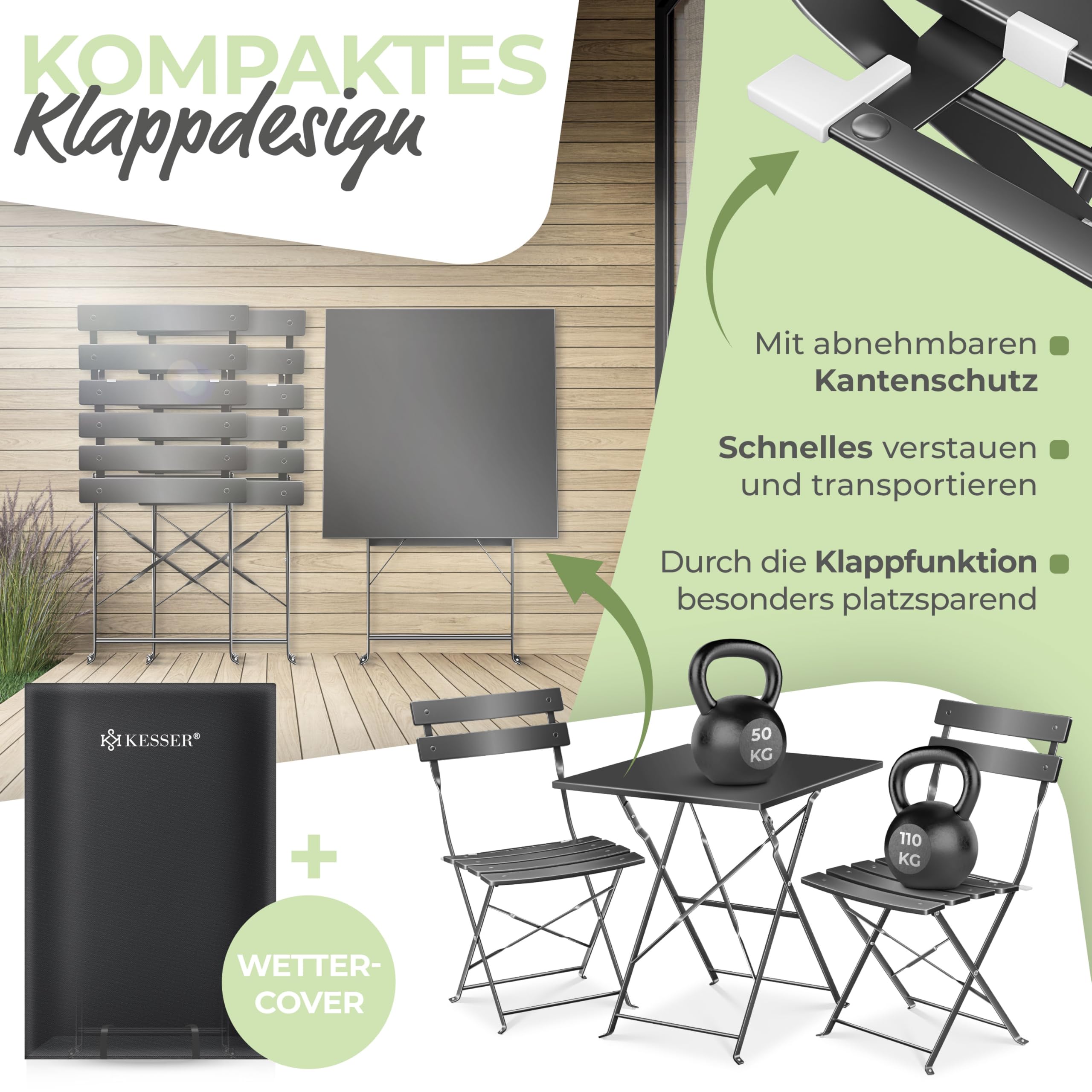 KESSER® Set da bistrò, 3 pezzi, con tavolo da bistrot e 2 sedie pieghevoli, mobili da giardino esterni, resistente ai raggi UV e alle intemperie, set da balcone