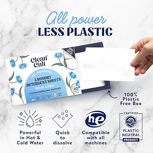 Miniatura 3 de Cleancult Hojas de detergente para ropa  3 enzimas que combaten las manchas  Hojas de detergente concentrado sin líquido  Aroma de lino fresco  60