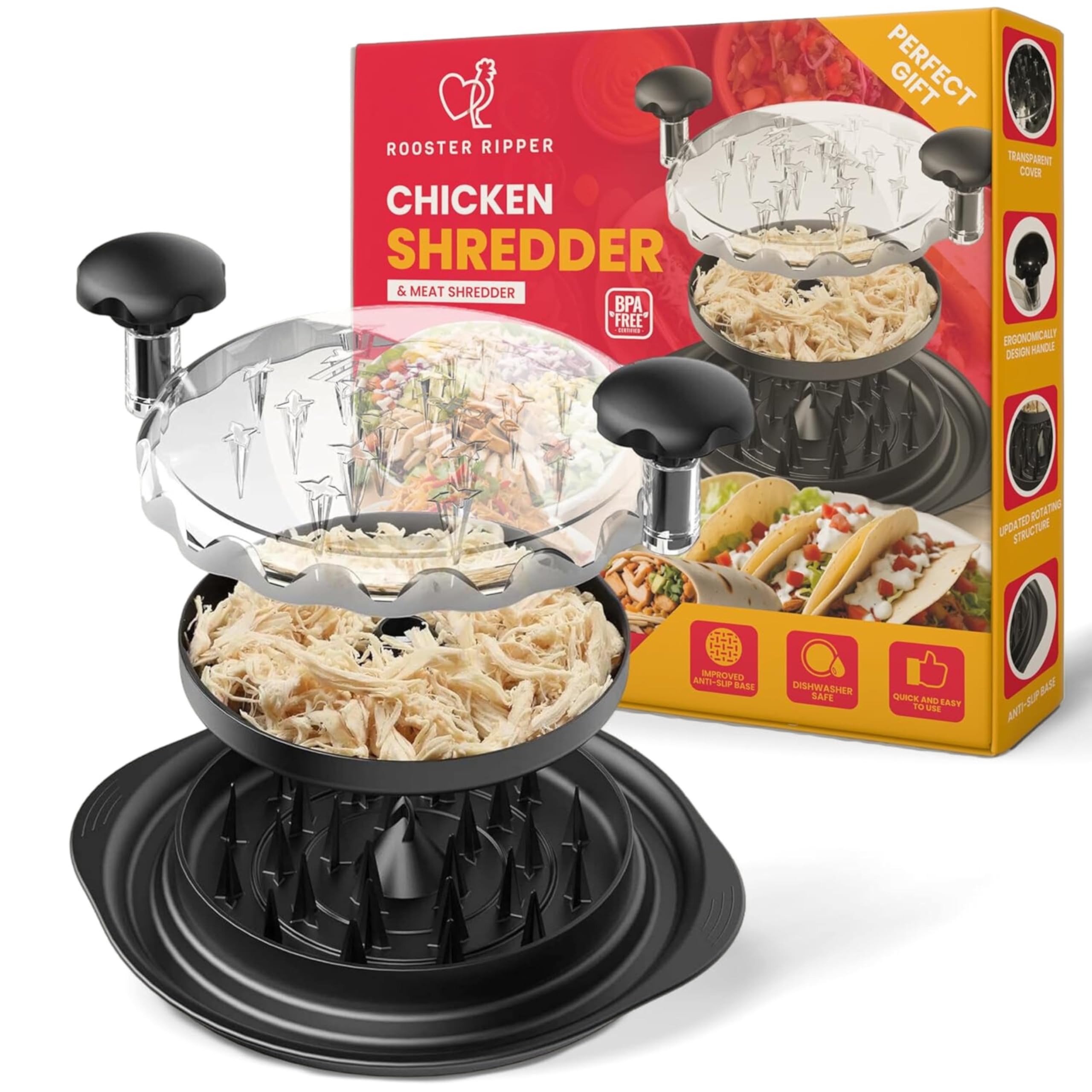 ROOSTER RIPPER Chicken Shredder Tool – BPA-Free Meat Shredder for Chicken, Pulled Pork, Beef – Strong Anti-Slip Base, Easy Twist Lid, Brush & Tongs Included – BBQ & Kitchen Use (Black)