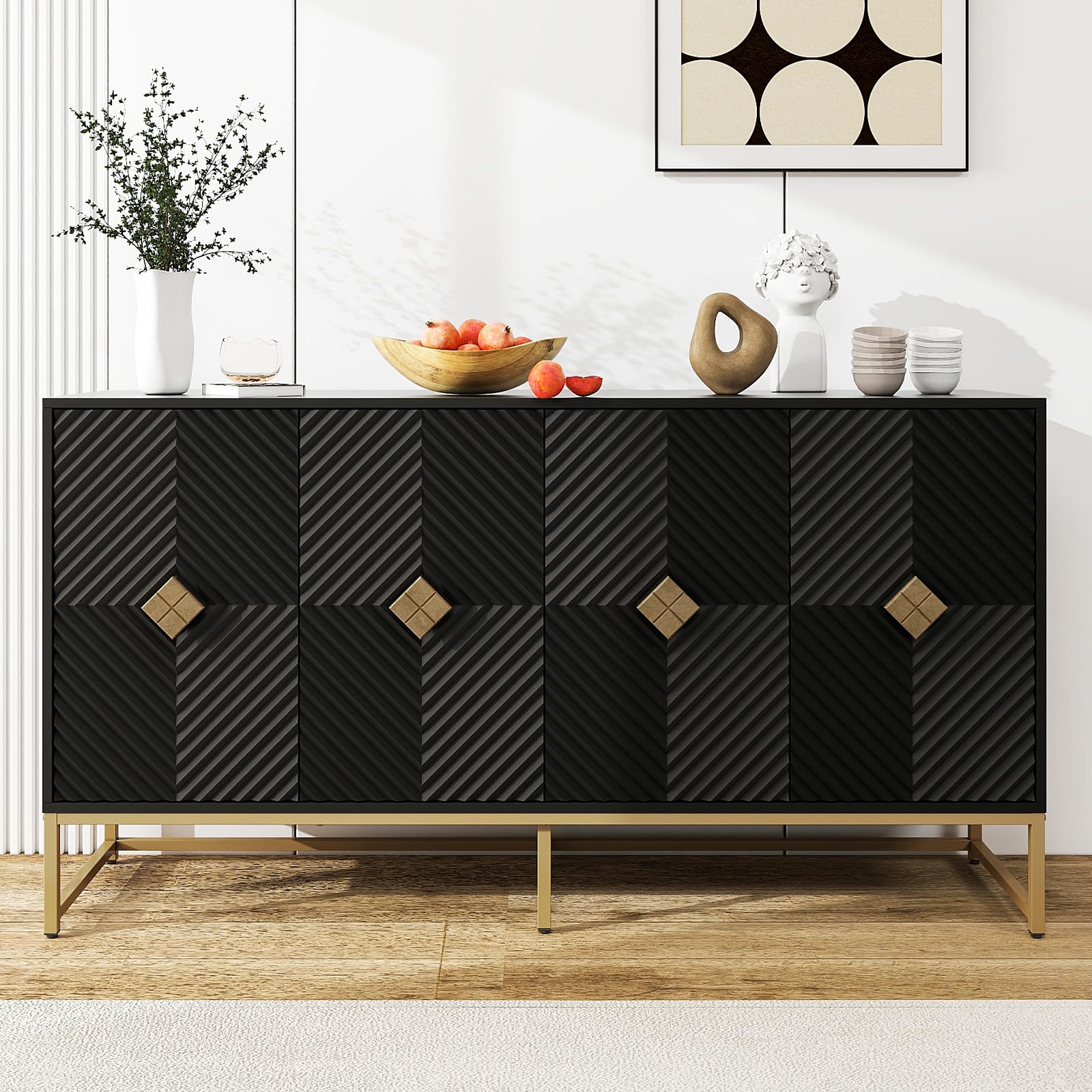 YHAOWORKS Sideboard Buffet Cabinet with Storage - Accent Storage Cabinet with Doors, Wood 4 Doors Cabinet with Metal Legs, 60" Buffets & Sideboards,