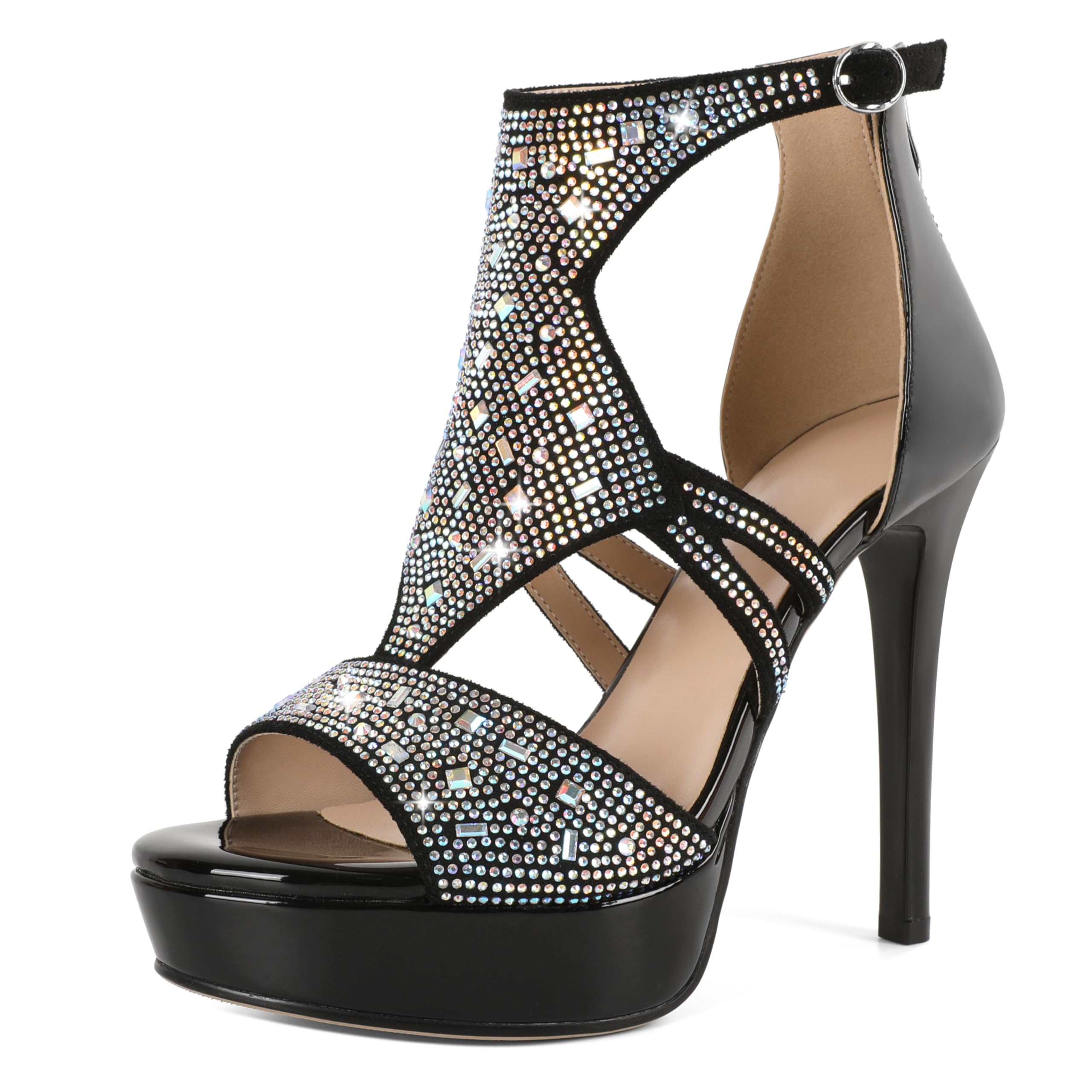 Eldof High Heeled Sandals for Women, Open Toe Strappy Platform Sandals, Cutout Gladiator Heels with Rinestones, Pumps Shoes for Dress Party Evening