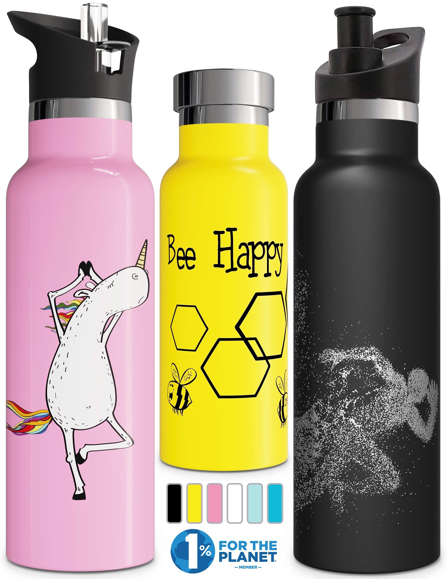 Involve & EvolveKids Water Bottle Easy-Sip Straw Lid Leak-Proof Insulated Stainless Steel Thermos Perfect for School Pickleball 3 Lids BPA-Free Keeps Drinks Cold for 24 Hours