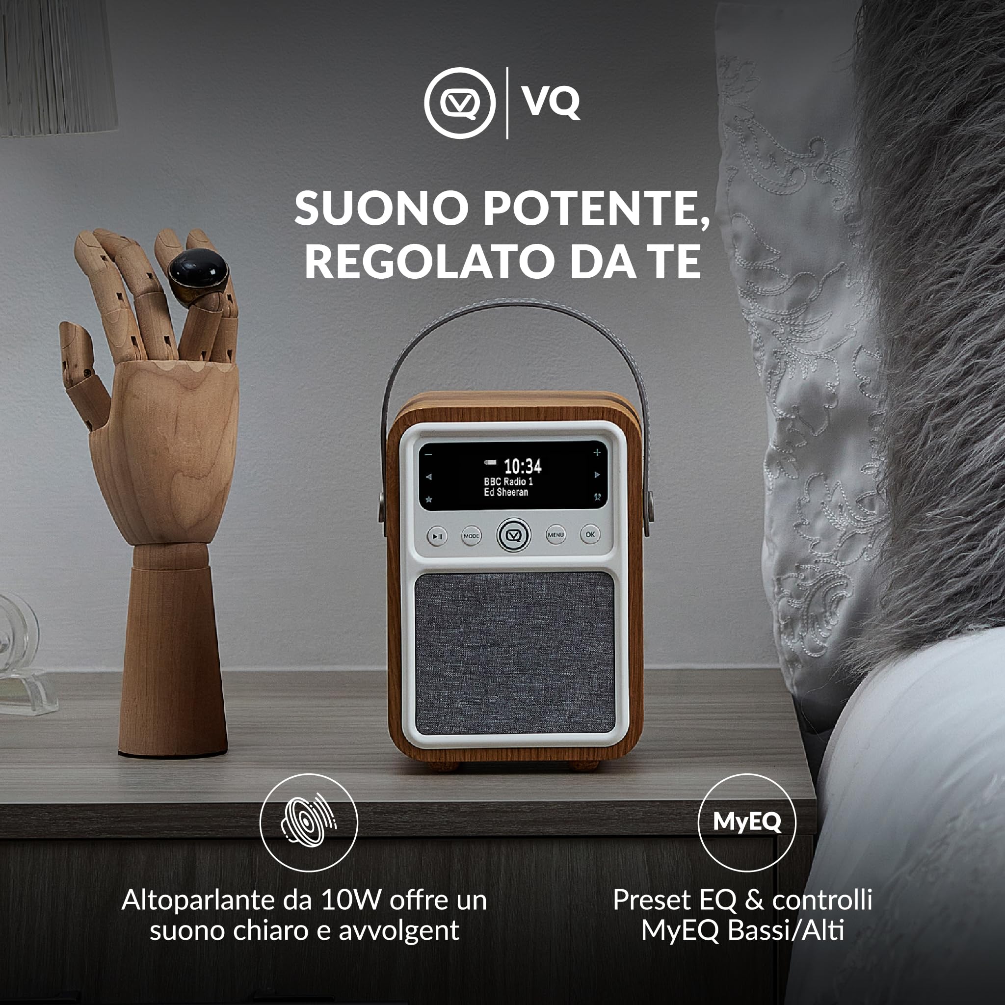 VQ Monty Radio DAB Plus/DAB con Cassa Bluetooth, FM e Radio Sveglia Funzione - Alimentata da Rete e Batteria Radio Portatile Vintage con Antenna, Presa Cuffie e Porta USB - Noce