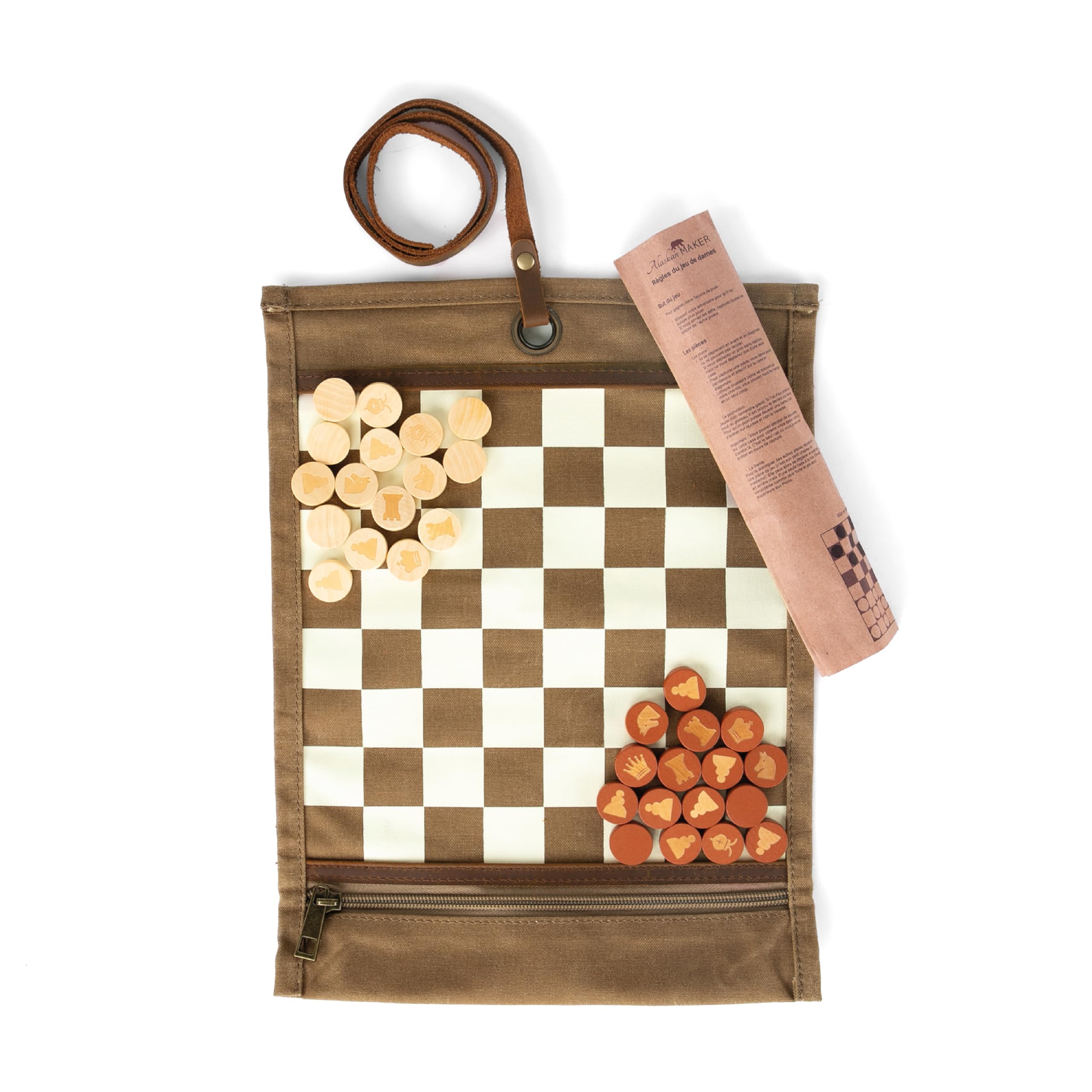 Alaskan MAKER - Juego de ajedrez y señoras 2 en 1 - Alfombra de lona enrollable enrollable - Peones de madera - Correa de piel completa flor - Ideal para viajar y jugar en cualquier lugar (habana)