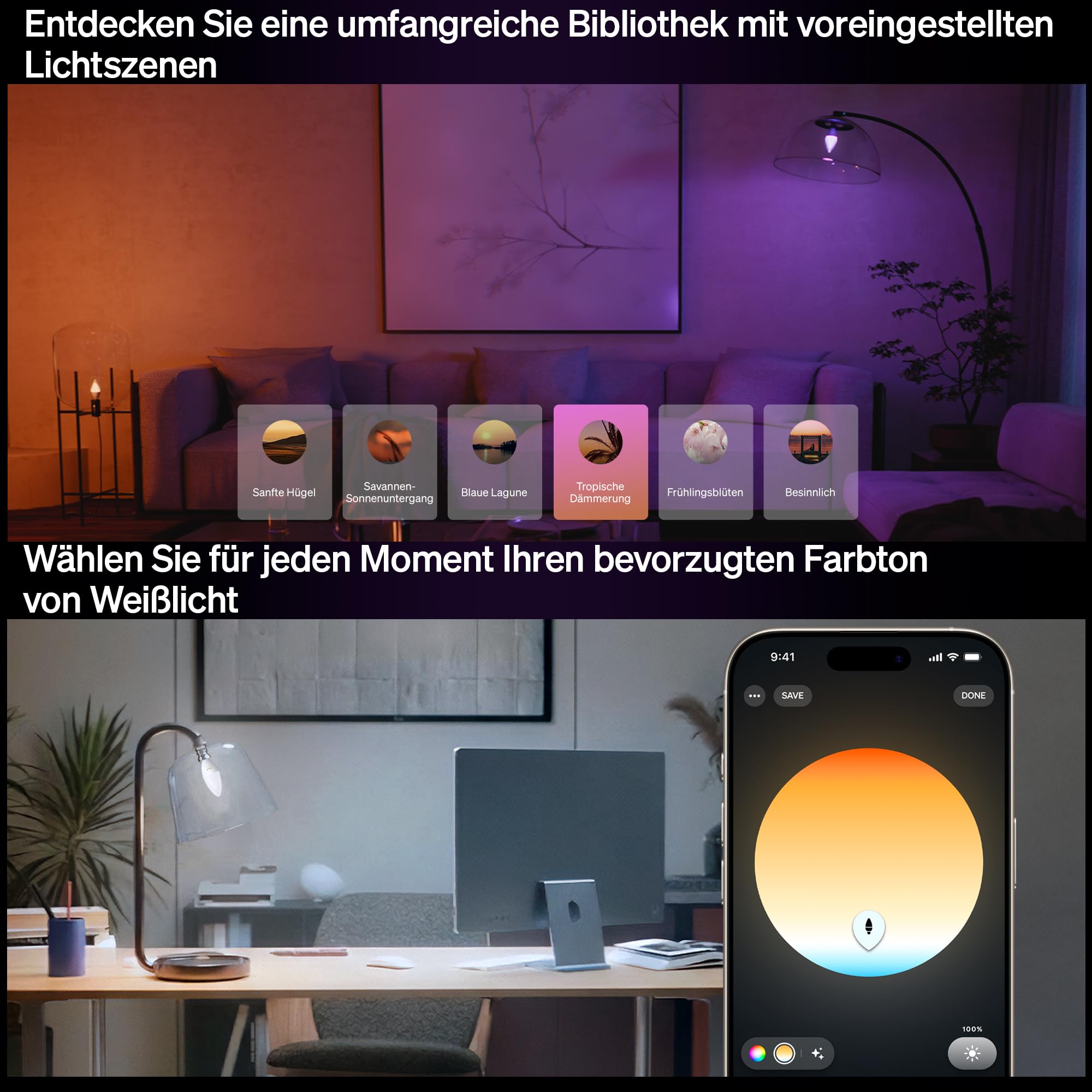 Philips Hue Smart LED-Lampe, B39, E14, 3er Pack, White and Color Ambiance, Vollspektrumlicht 1.000 K–20.000 K, 500 lm, Extrem Niedrig Dimmbar, Chromasync, Alexa, Google Home, Apple Home