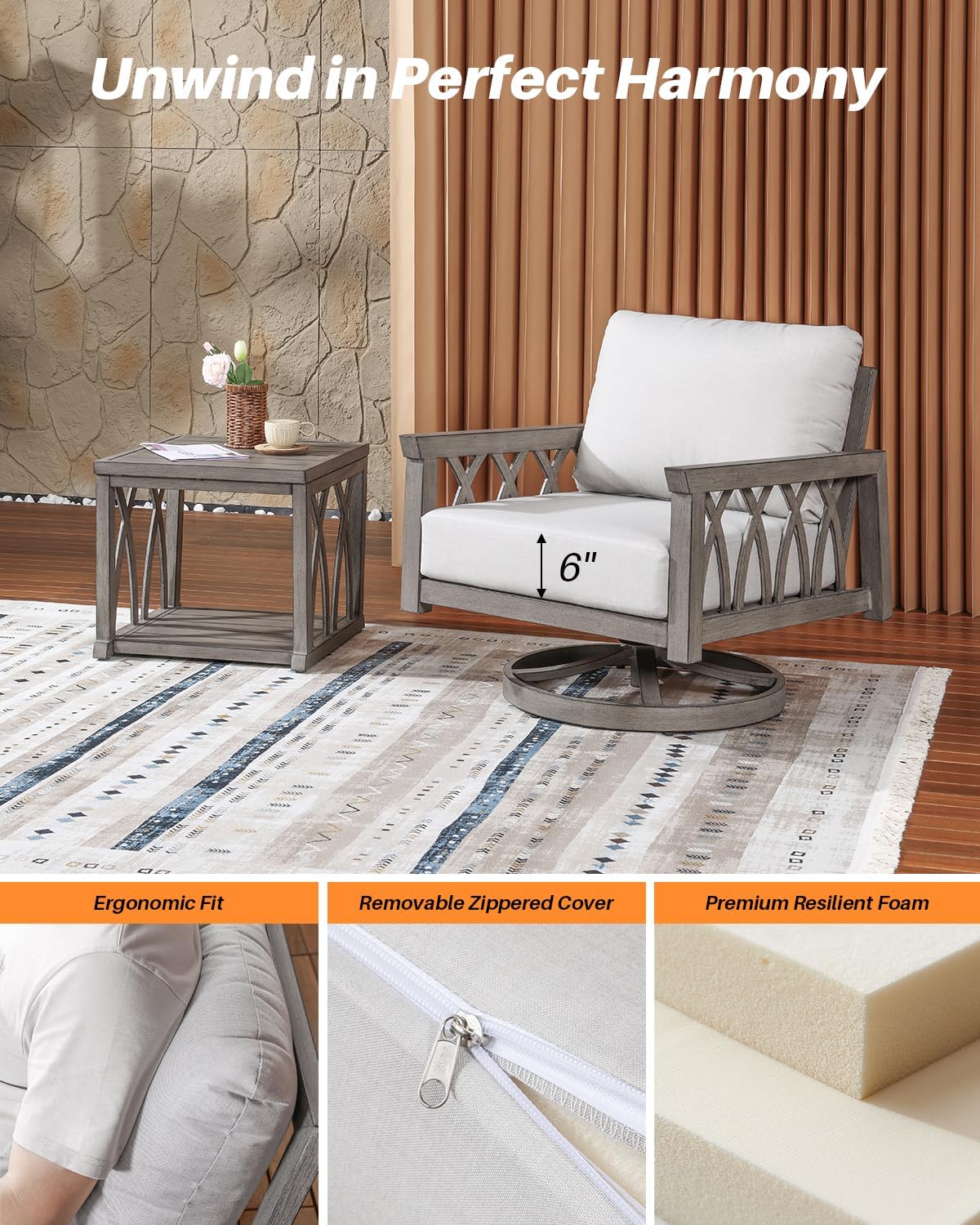 2-Piece Aluminum Outdoor Furniture Set, Swivel Patio Sofa Chair and Side Table Set, Outdoor Conversation Set with Cushions, Outside Patio Furniture Set for Garden, Balcony, Limed Oak