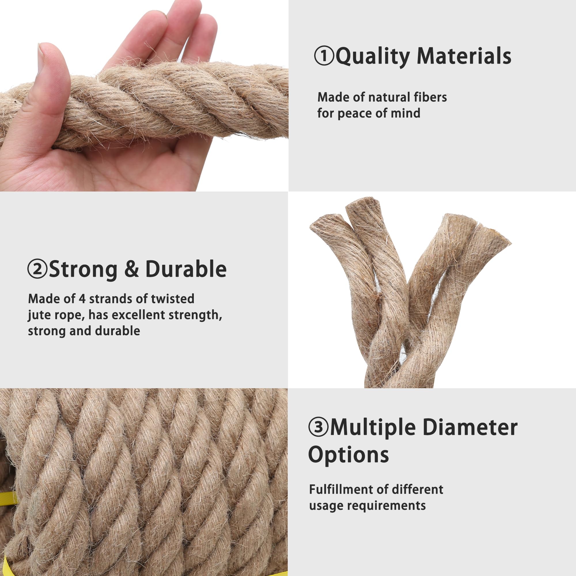Cuerda de yute de 1 1/2 pulgadas x 100 pies, cuerda de cáñamo natural, cuerda gruesa, cuerda de columpio, cuerda resistente disponible como cuerda de tirón de guerra, cuerda náutica, cuerda de