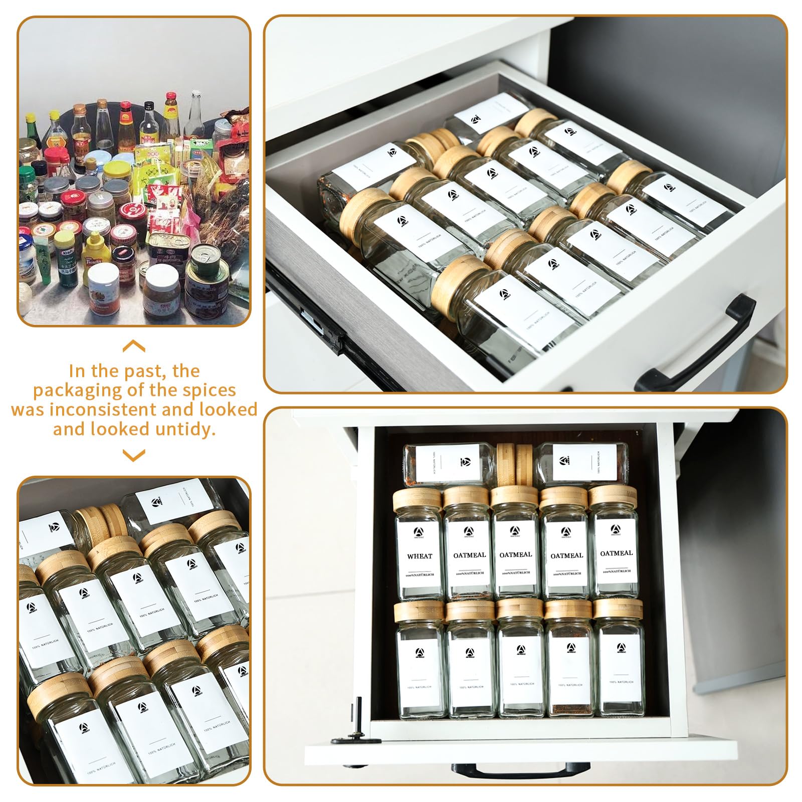 Juego de 24 tarros de especias con tapa de bambú, juego de almacenamiento de contenedores cuadrados de especias de 120 ml, viene con embudo grande, etiqueta adhesiva única impermeable para