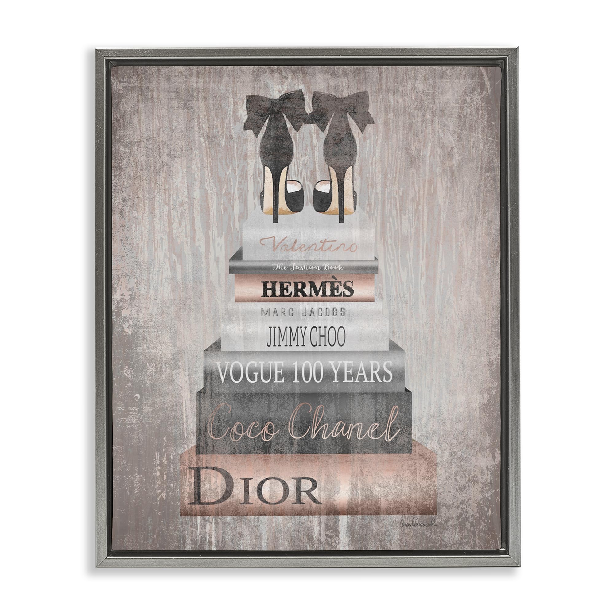 'Book Stack Heels Metallic Pink'| Floating Frame Canvas Art