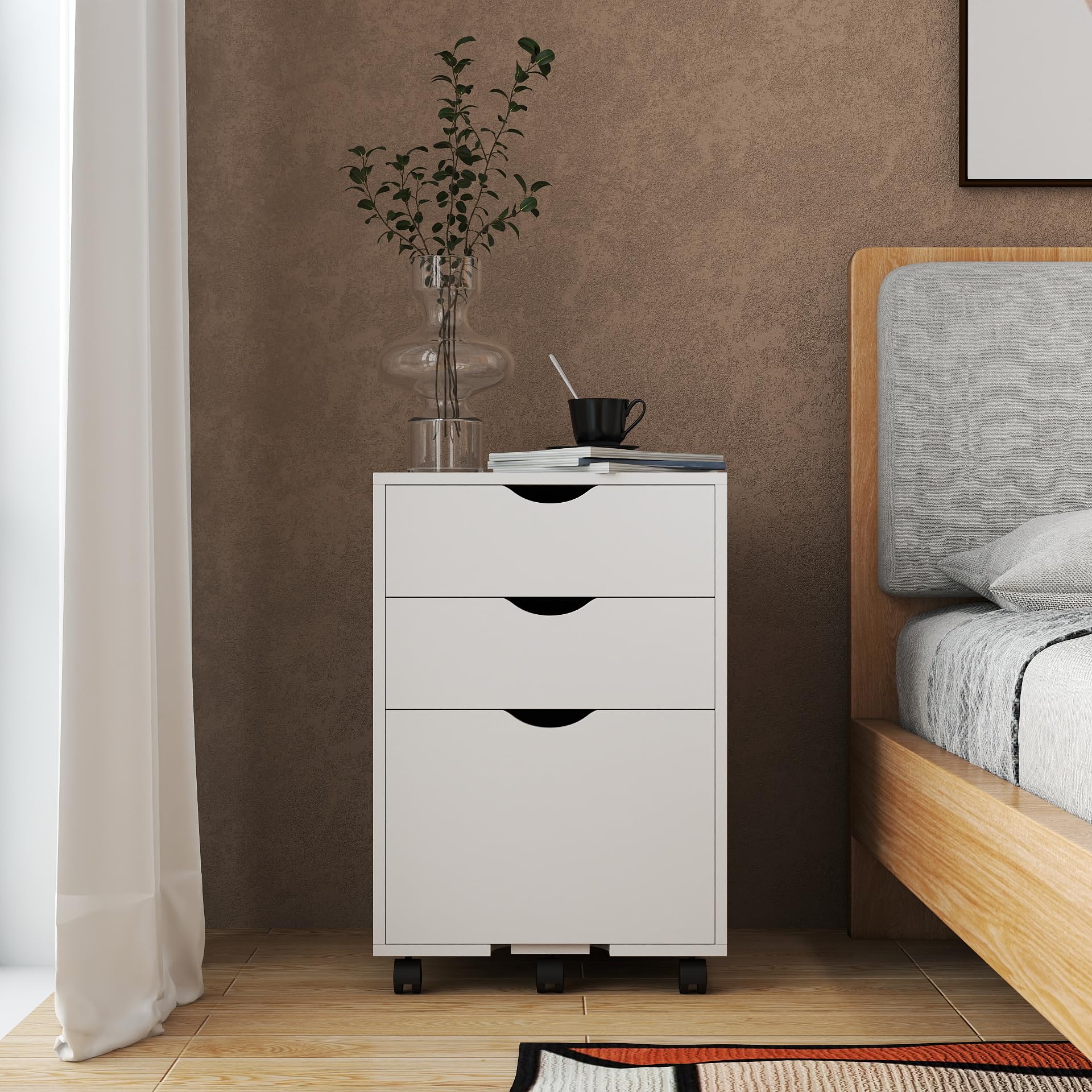 HollyHOME Armoire de rangement mobile à 3 tiroirs, armoire de rangement en bois sur roulettes pour accrocher des documents pour le rangement à domicile, blanc