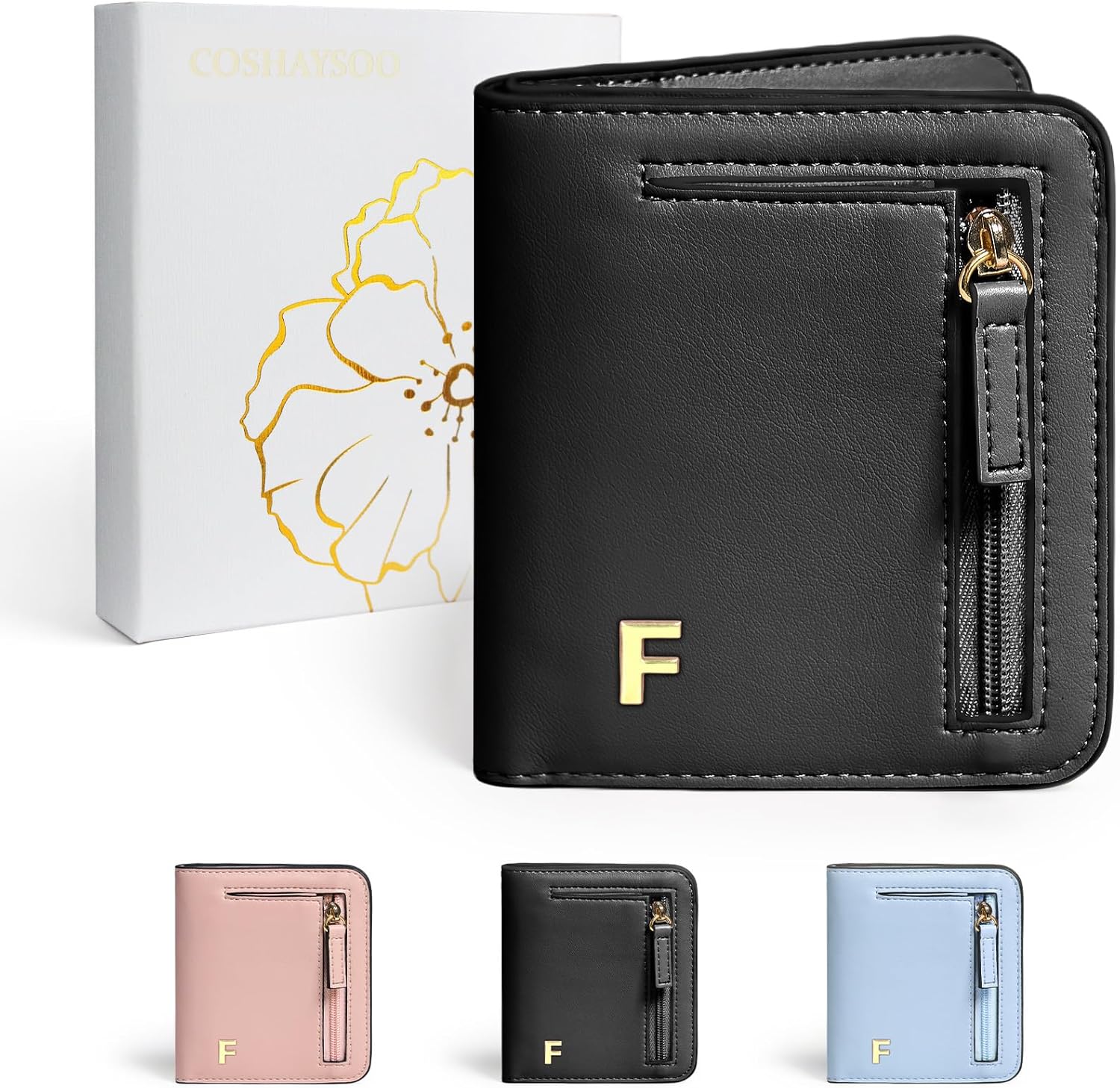 COSHAYSOO Womens Initial Letter RFID Small Wallets Monogram Slim Thin Woman Wallet Travel Credit Card Cash Coin Holder, Birthday Christmas Mothers Fathers Halloween Thanksgiving Day Gifts Black F