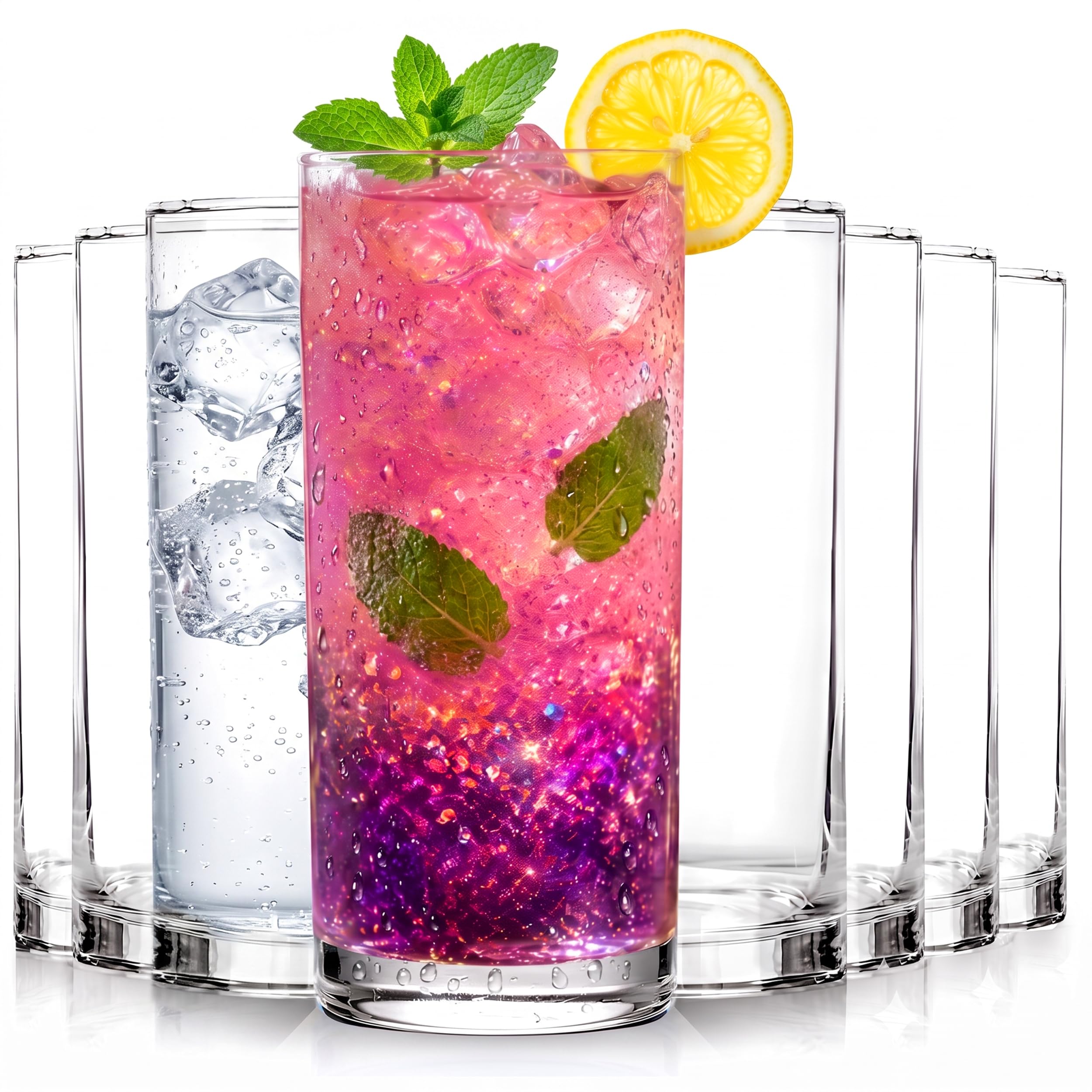 KICHLY Clear Plastic Highball Glasses, BPA Free Tall 16 Oz Tumblers, 8 Pack