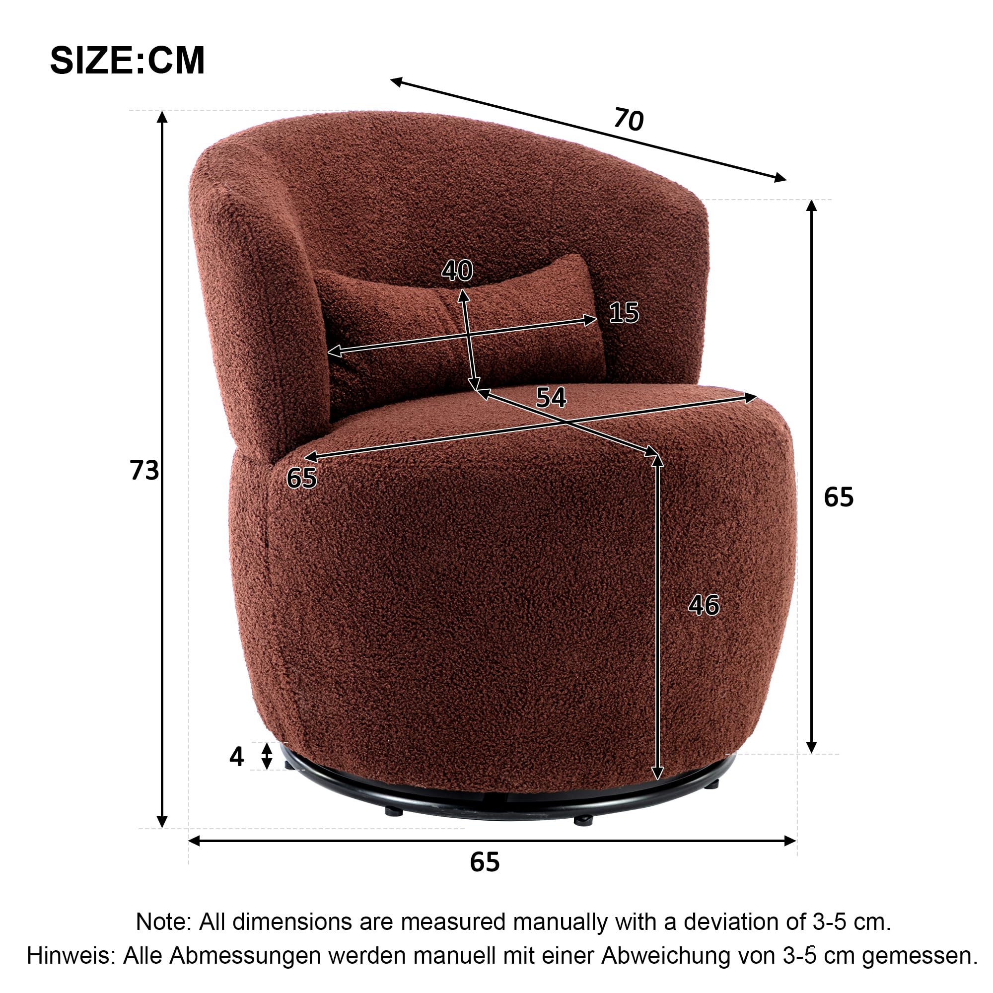Sillón giratorio moderno con marco de metal de tela de peluche para sala de estar, dormitorio, oficina, color marrón