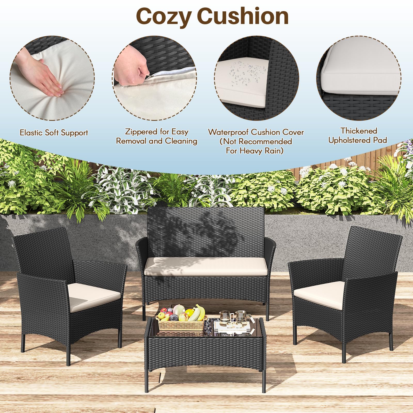Bigzzia Juego de Muebles de Jardín de Ratán, 4 Piezas, Muebles de Ratán para Patio, Sofá de Tejido de Mimbre Incluye 2 Sillones, 1 Sofá de Doble Asiento y 1 Mesa