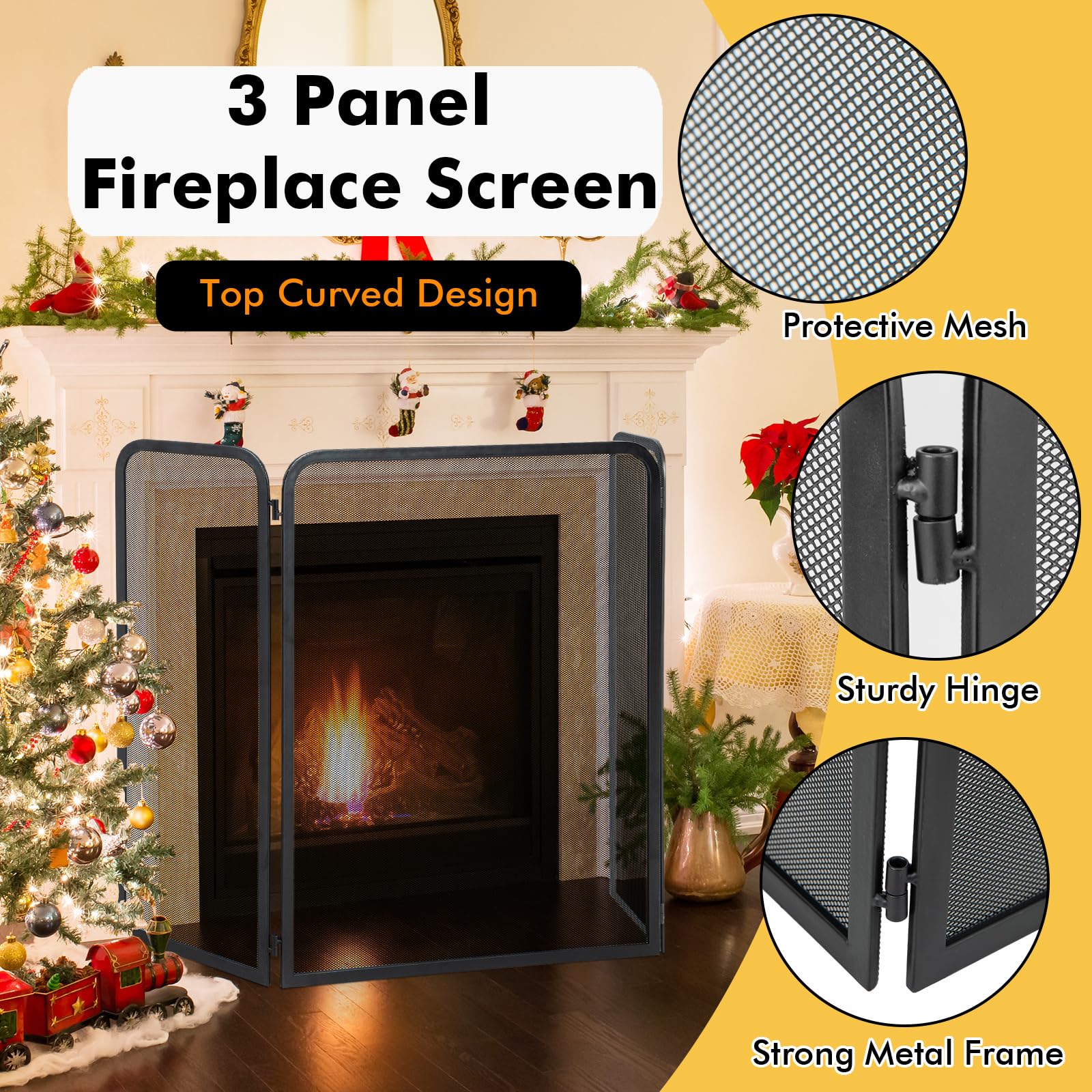 LIFEZEAL Écran de Cheminée à 3 Panneaux, par Feu Cheminée en Fer avec Charnières Flexibles, Pare-Étincelles sur Pied Pliable pour Salon, 96 x 1 x 61 cm, Noir