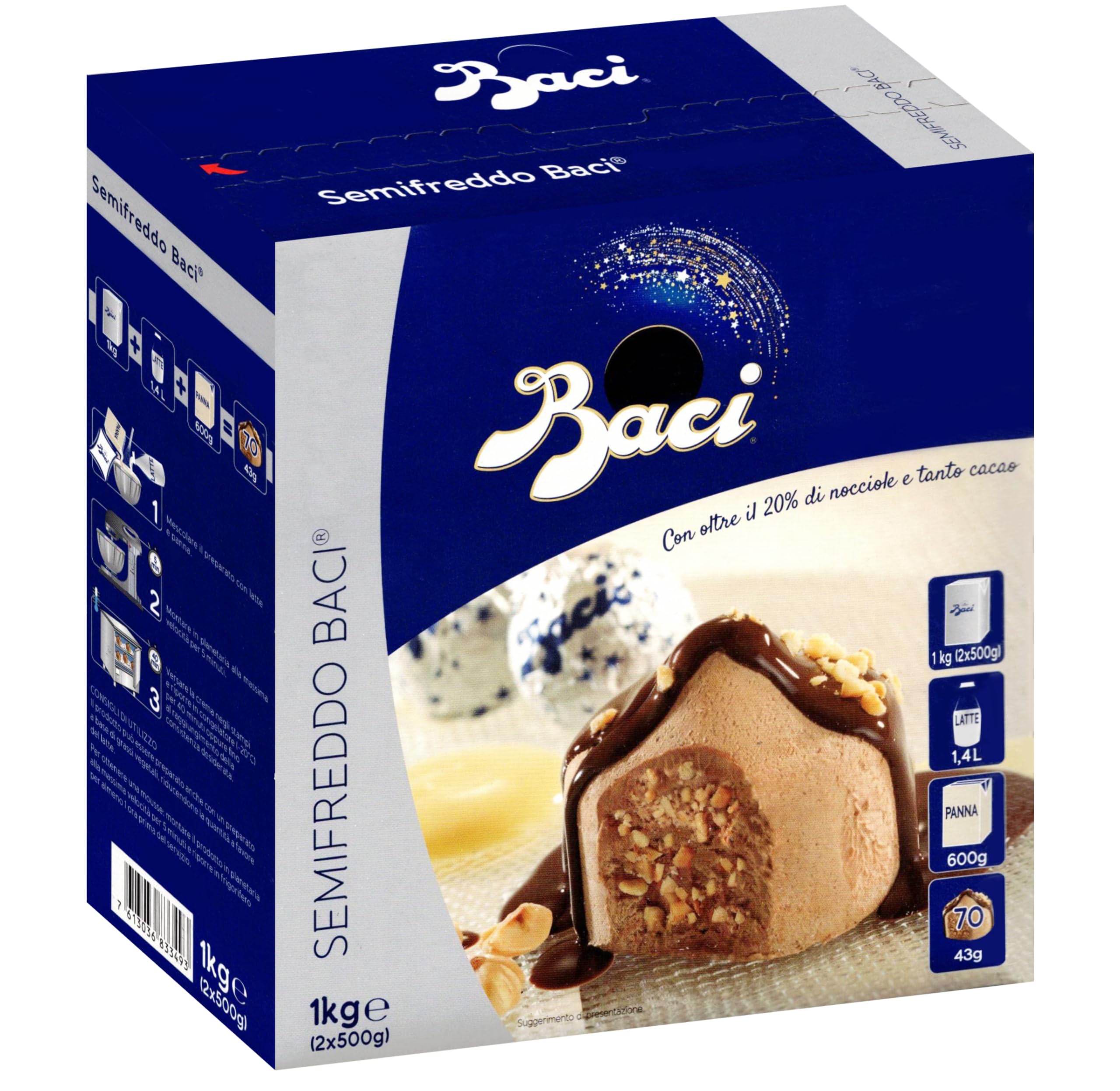 Baci Semifreddo Preparato in Polvere con Nocciole e Cioccolato 1 kg, Mix Professionale per Semifreddi, Dessert al Cucchiaio e Mousse, Confezione 2 x 500 g