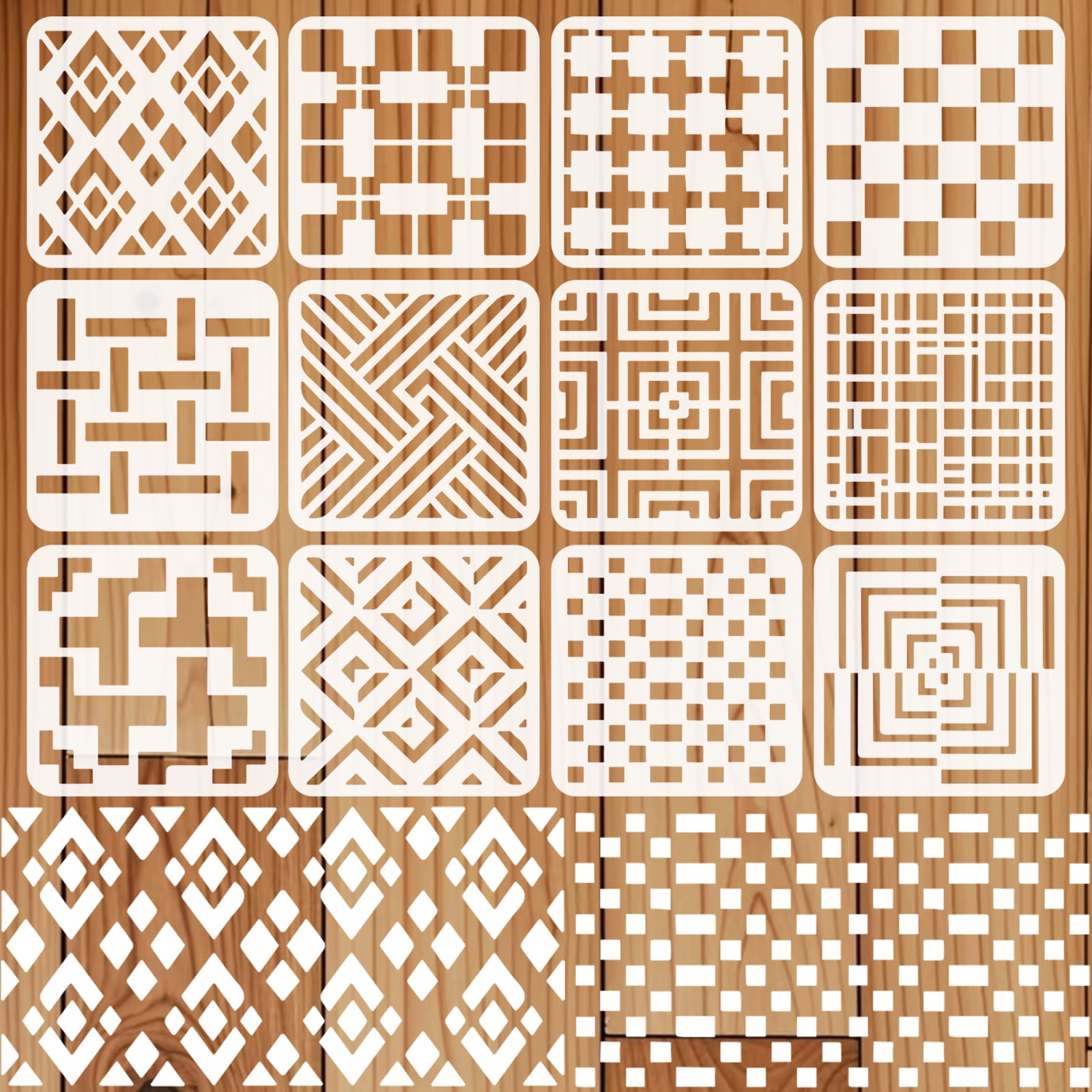 INFUNLY 12 Pcs Rectangle Checkered Stencils for Painting 7.9x7.9 Reusable Geometric Stencils Classic Plaid Stamp Plate Brick Layered Drawing Template for Wood Canvas Wall Paper Home Decor