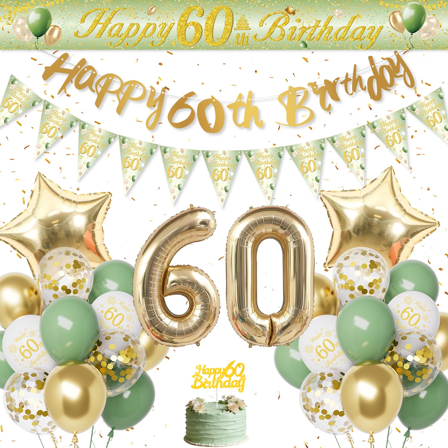 Décoration Anniversaire 60 Ans, Vert Or Ballon 60 Ans Anniversaire Femme Homme, Decoration 60 Ans, Bannière Joyeux Anniversaire pour 60 Réutilisable