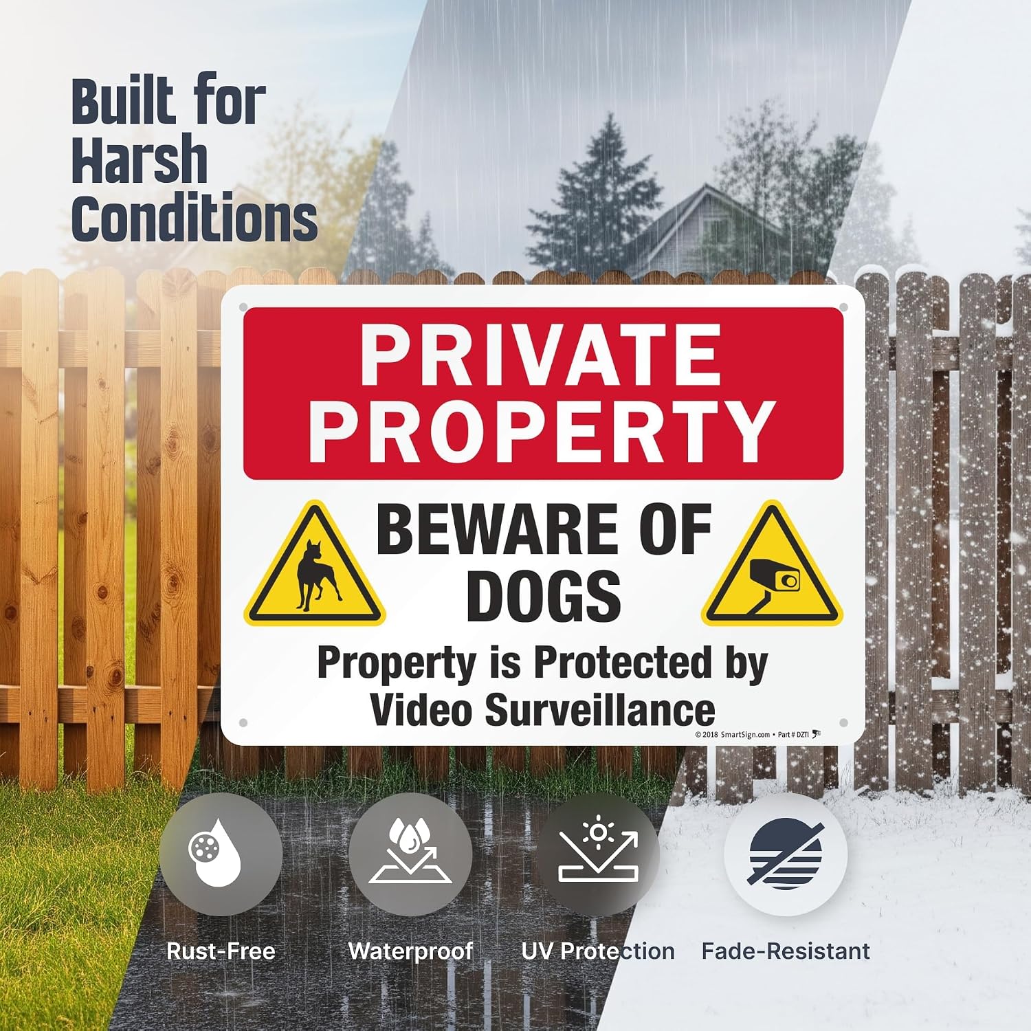SmartSign 10 x 14 inch “Private Property - Beware Of Dogs, Property Protected By Video Surveillance” Metal Sign, 40 mil Laminated Rustproof Aluminum, Multicolor, Made in USA