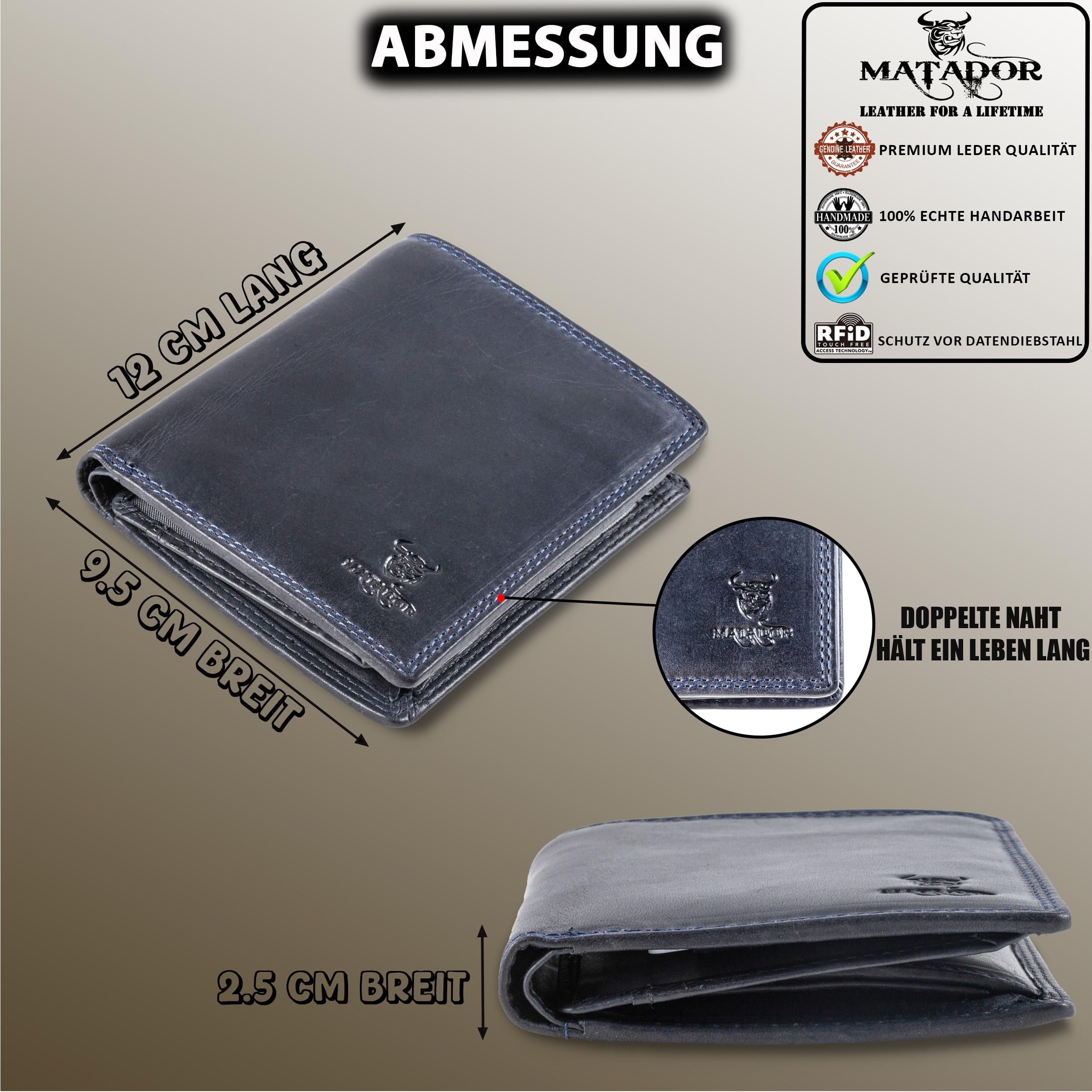 Matador Marca Portafoglio Uomo in Pelle #VIGO con Elegante Scatola Regalo, Lusso Portafoglio Protezione RFID, Grande Uomo Portafoglio con Molti Scomparti per Carte in Blu Navy