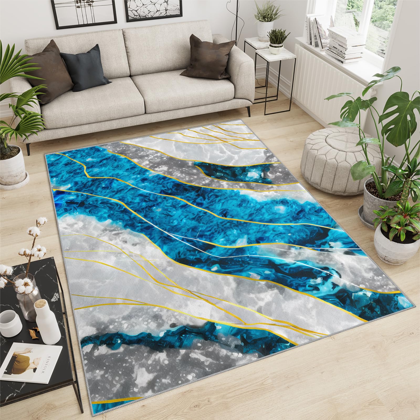 FACADUP Modern Small Rug 80x150cm Area Rug Bath Rug Unique Crystal Blue Gray Rug, Modern Abstract Marble Decorate Rug, Non-slip Entryway Doormat Contemporary Throw Floor Mat for Room Coffee Chair Rug