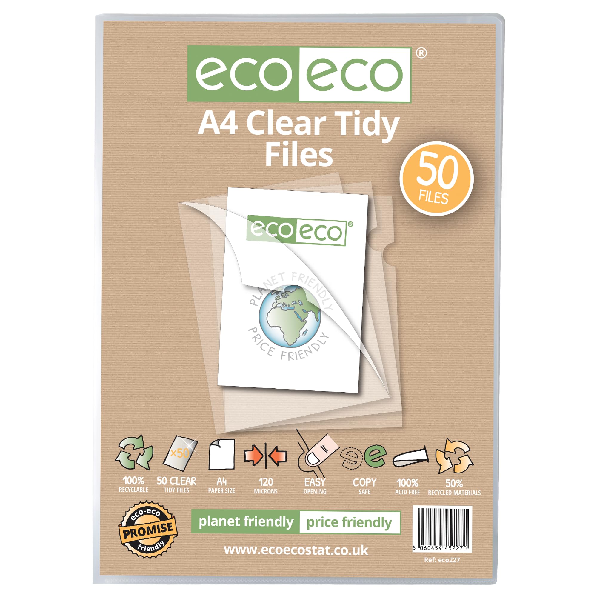 eco-eco A4 50% Recycled Bag 50 Tidy Report Files, 120 Micron Open Top & Side Covers File Wallets Clear Cut Flush, eco227