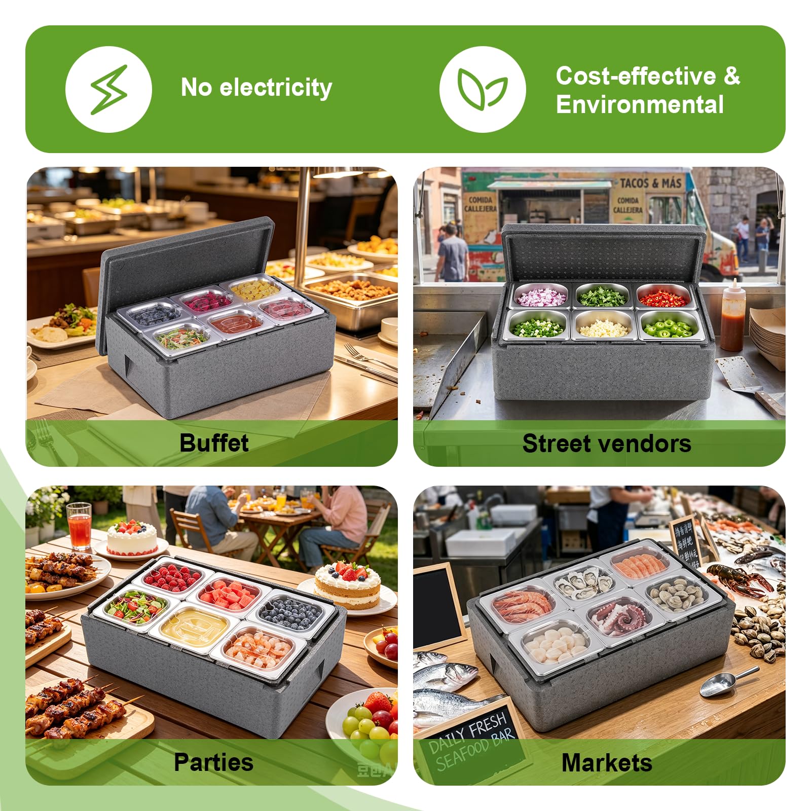 Bandeja para servir hielo para bufé de alimentos fríos, 6 tapas, 6 sartenes, 2 paquetes de hielo, contenedor de condimentos refrigerados, caja aislante, bandeja de fiesta de hielo, enfriador