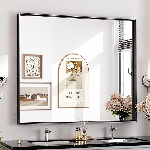 Miniatura 10 de Keonjinn Espejo rectangular negro para pared de 24 x 32 pulgadas, espejo rectangular de tocador de baño con marco de metal, espejo cuadrado de