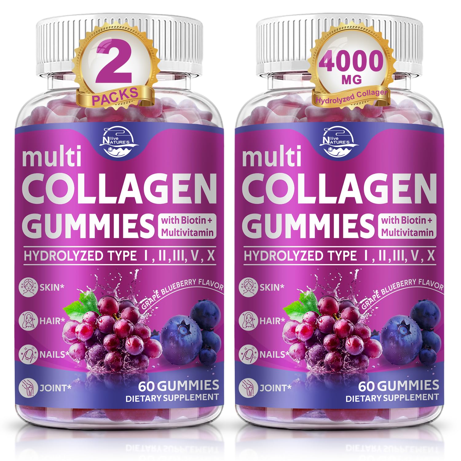 Nature's live Multi Collagen Peptides Gummies, Type I, II, III, V, X - Hydrolyzed Collagen Peptides Gummies, Supports Healthy Skin, Strong Nails &