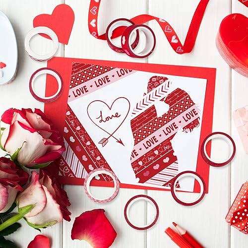 Miniatura 7 de Whaline 12 rollos de cinta washi para el día de San Valentín, cinta adhesiva de corazón rojo, diseño surtido, cinta Washi de San Valentín para