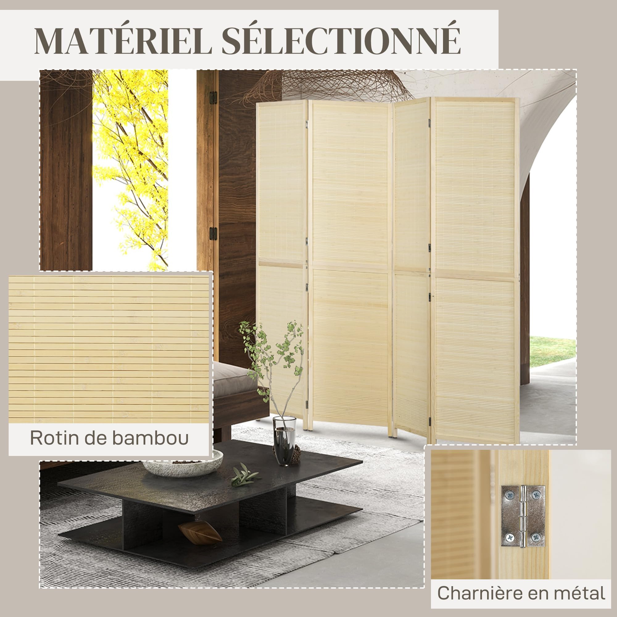 HOMCOM Paravent intérieur en Bambou 4 Panneaux 180 x 180 cm séparateur de pièce cloison de séparation Pliable - Naturel