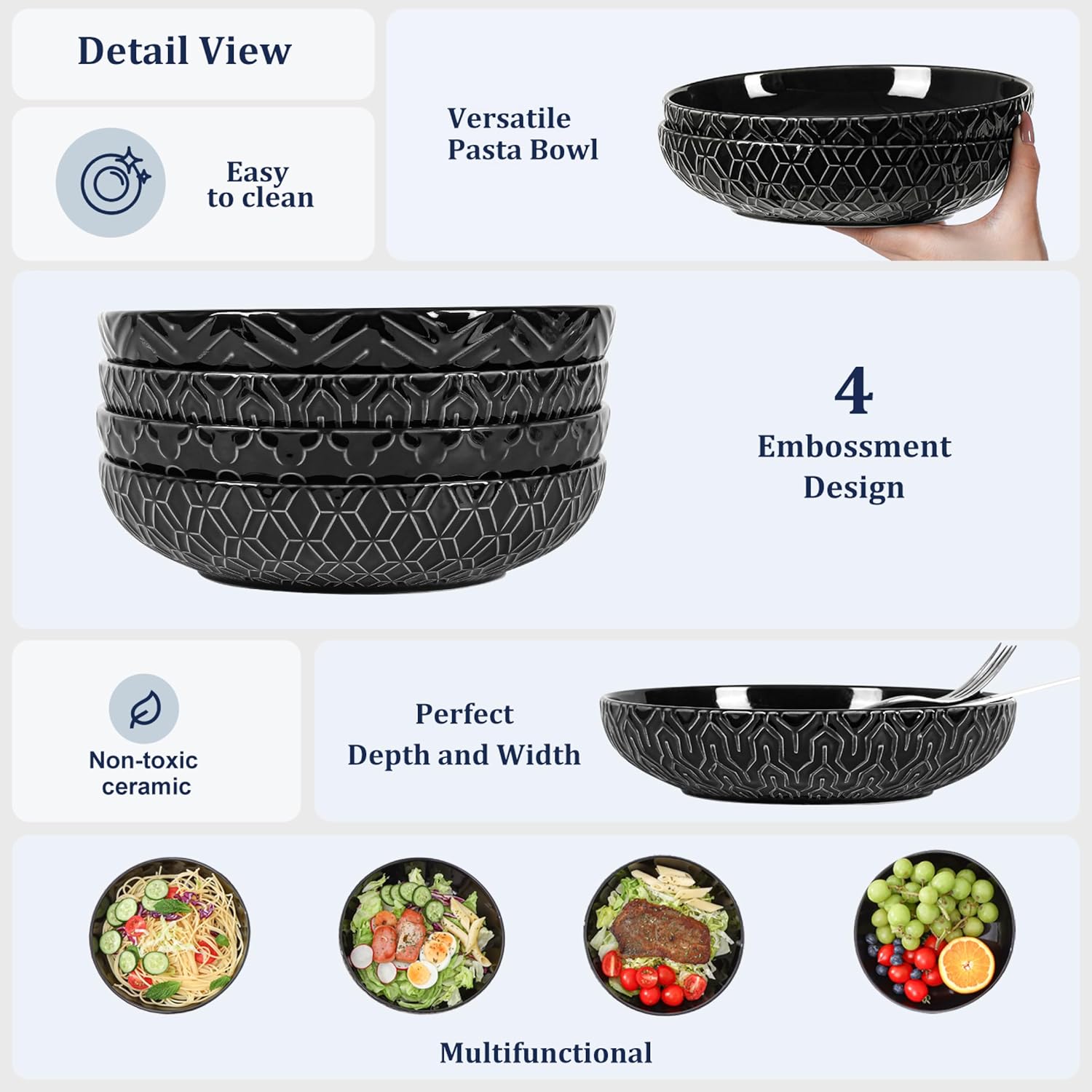 Sureasy Pasta Bowls Set of 4-30oz Large Embossed Salad Bowls, 8.5 Inch Wide and Shallow Plate Bowls, Salad Bowl, Microwave, Oven & Dishwasher Safe, Black - Image 4