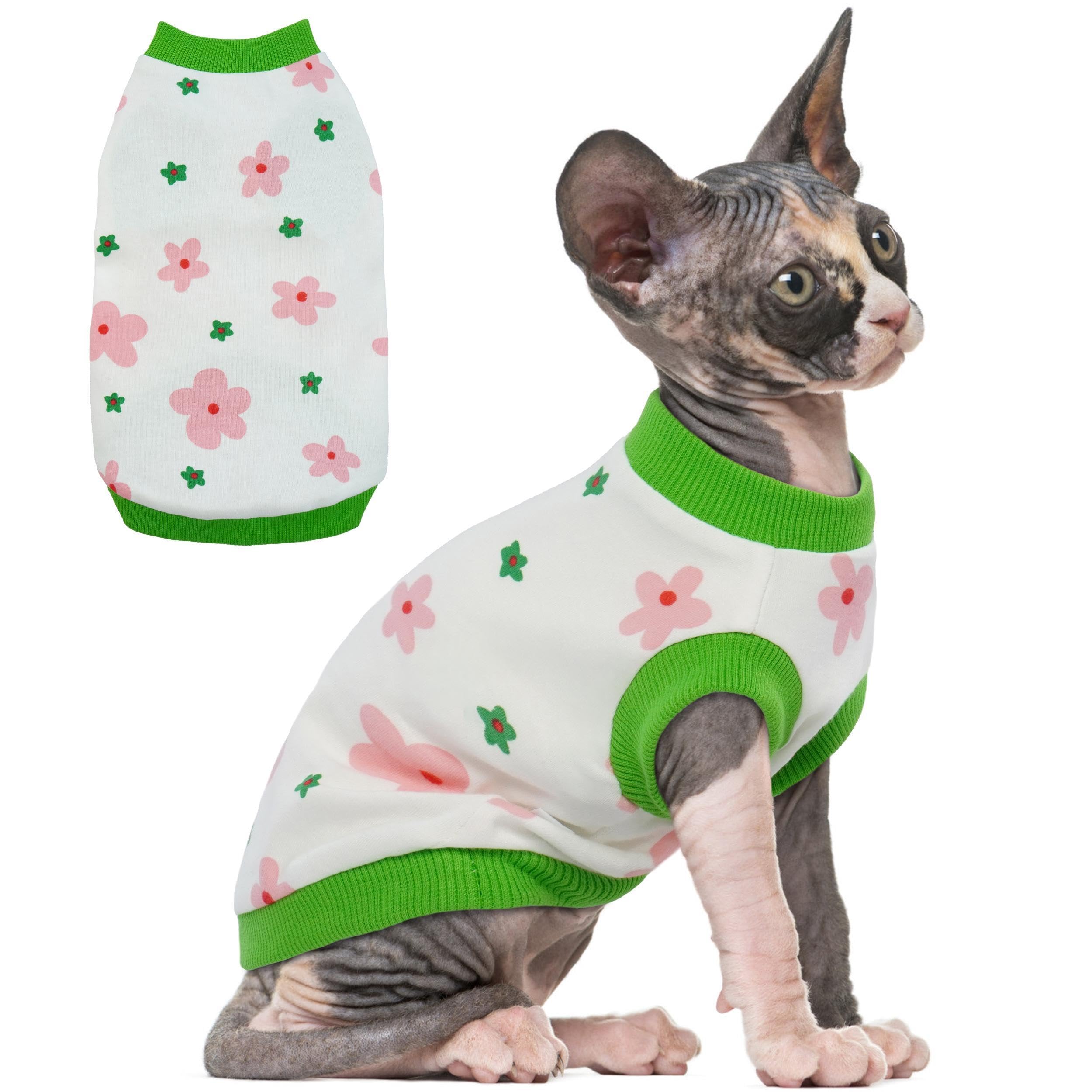 PUMYPOREITY Sphynx Cat Clothes, Stretchy Sweater, Soft Shirt, Pullover Pajamas, Turtleneck for Sphynx, Cornish Rex, Devon Rex, Green, XS