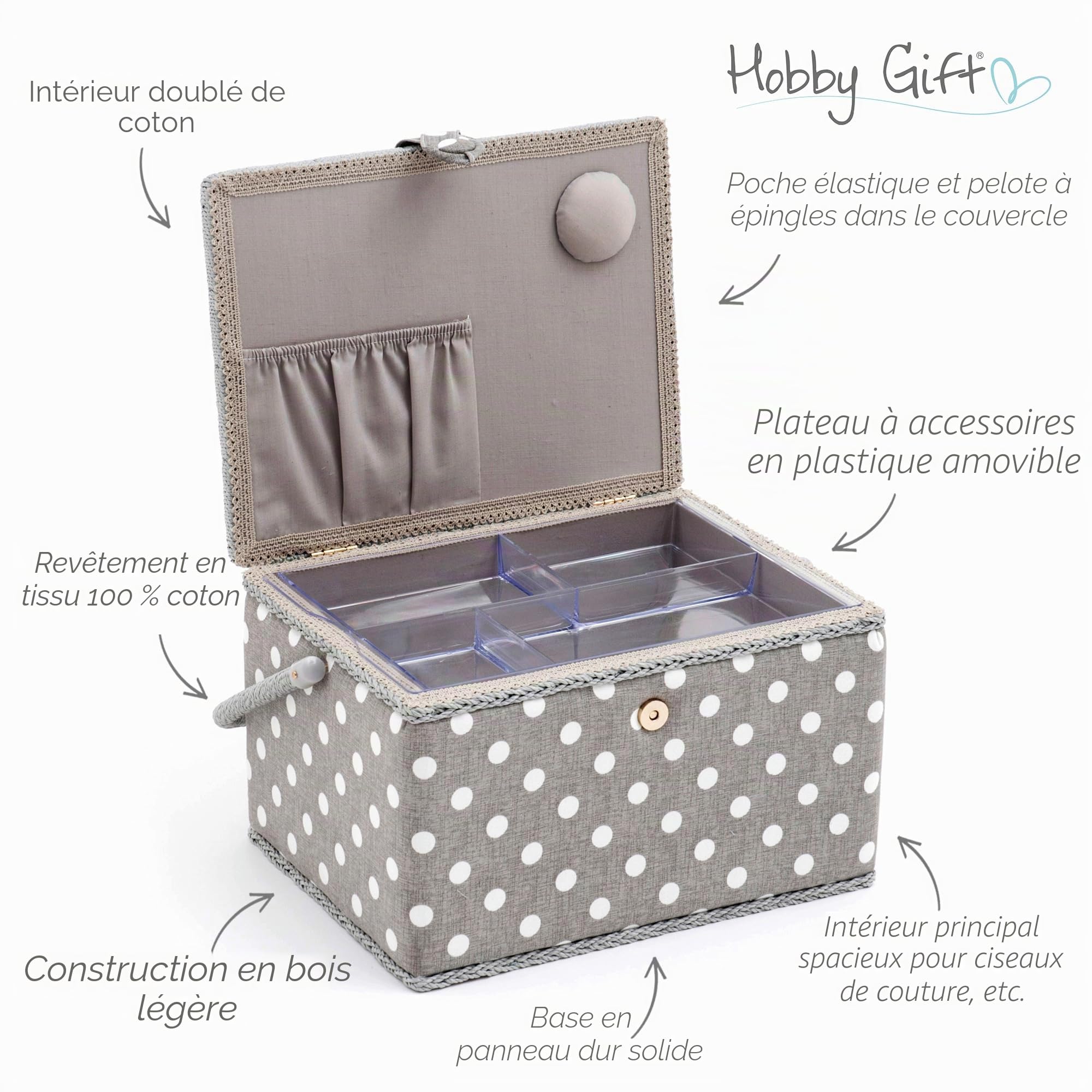 Hobby Gift Exclusif Grande boîte de rangement pour travaux manuels de couture, Gris à Pois