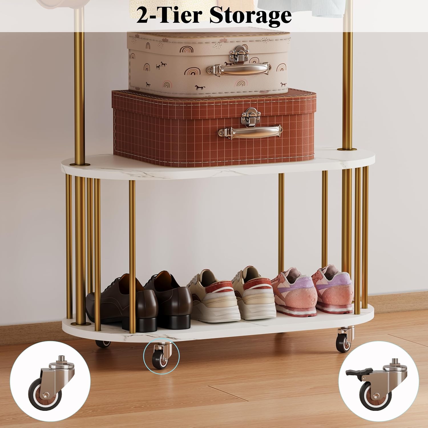 Gold Clothing Rack,Freestanding Coat Rack with Faux Marble shevles,Modem Arch Gold Garment Rack with shoes rack for Small Spaces,Bedroom, Entryway