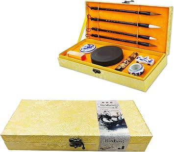 10 PCS Chinese Calligraphy Set Inkstone + Writing and Painting Brush + Ink Block + Seal + Inkpad + Pen Rack + Water Bowl Basic