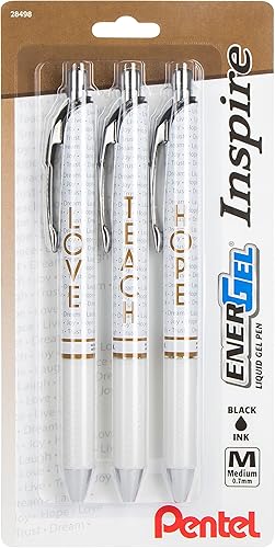 Pentel EnerGel Inspire Love/Teach/Hope, línea mediana (0.028 in), tinta negra, paquete de 3 (BL77INSPBP3M1)