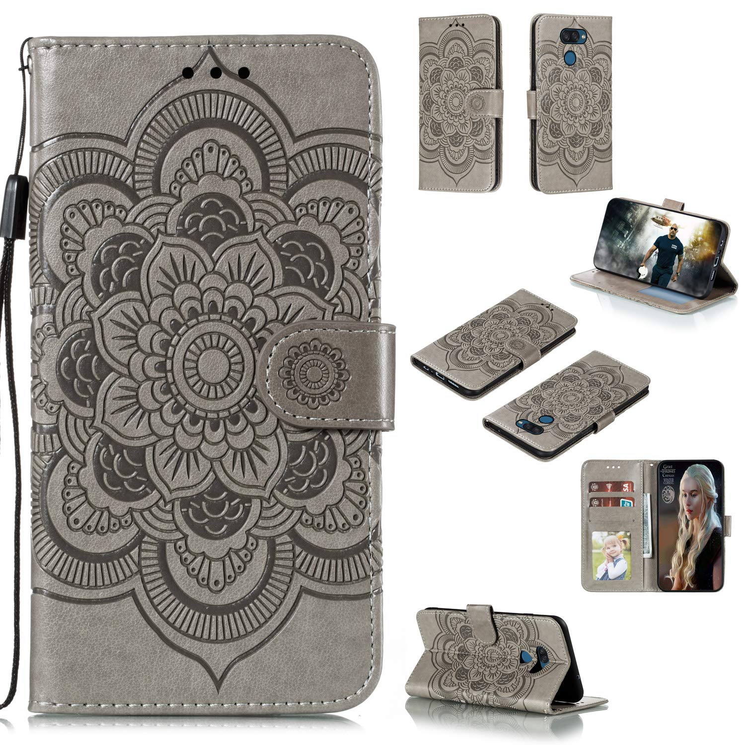 Hülle Für LG K40s - Leder Flip Case Mit Standfunktion & 3 Kartenfächern - Mandala Design Schwarz