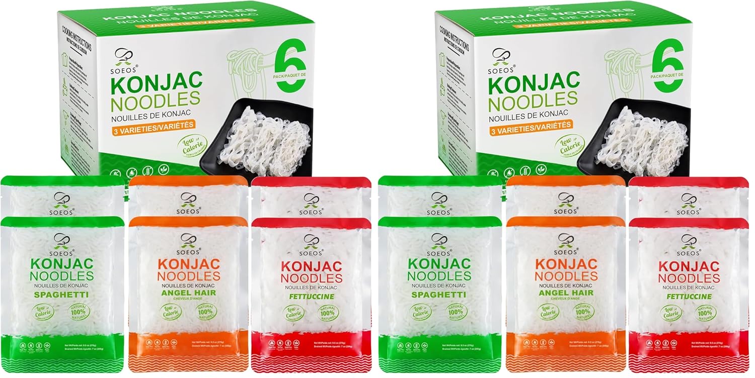 Soeos Konjac Noodles,Shirataki Noodle,8.8 oz (250 g),Low Calorie,Low Carb,Keto and Paleo Friendly,3 Variety Noodles,Fettuccine,Angel Hair,Spaghetti,Total 52.8 Ounce,6 Count (Pack of 2)