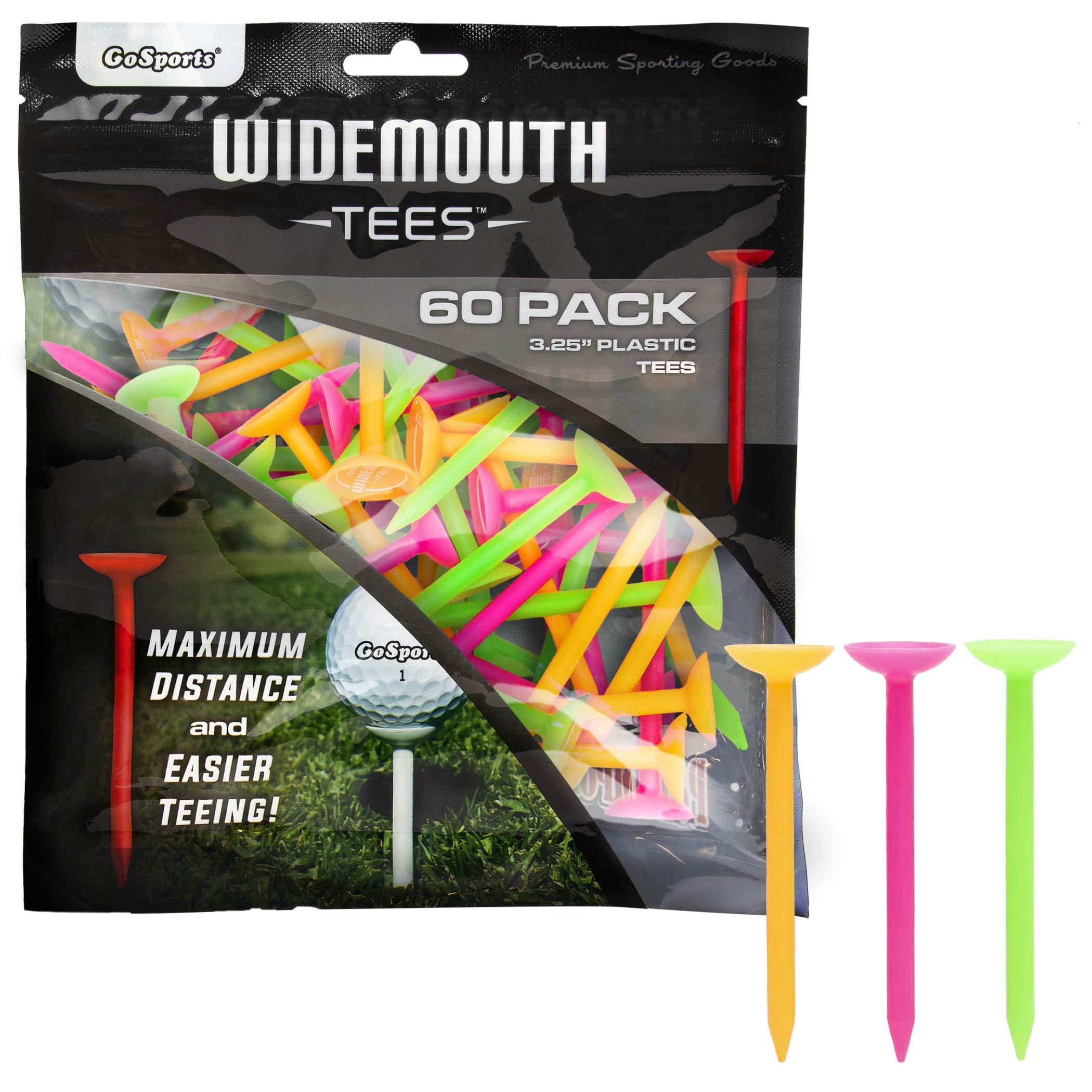 3.25 Widemouth Tees Plastic Golf Tees, 60 Tee Players Pack - Max Distance and Easier Teeing