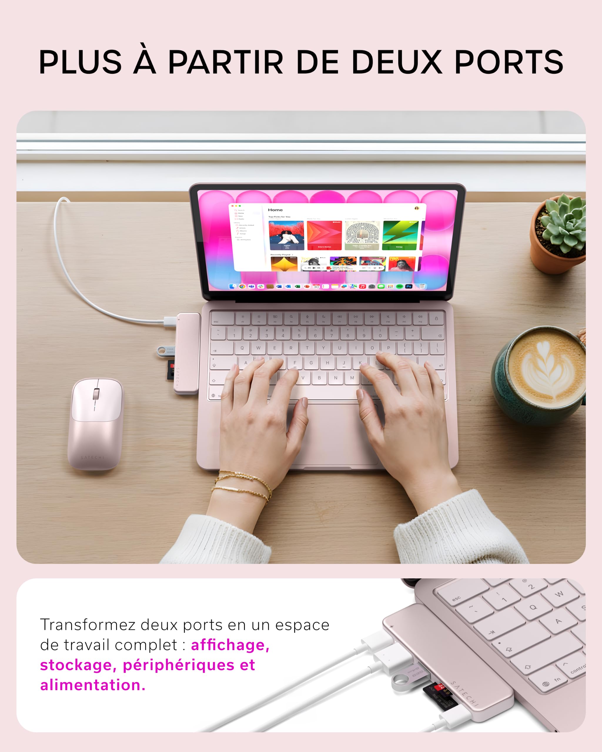 SATECHI Snap Hub USB C 6 en 2 pour MacBook Neo, Charge 45W, Rose Poudré | Conçu pour MacBook Neo avec double connecteur intégré, 4K@60Hz, lecteurs SD/microSD, USB-A et USB-C 5Gbps