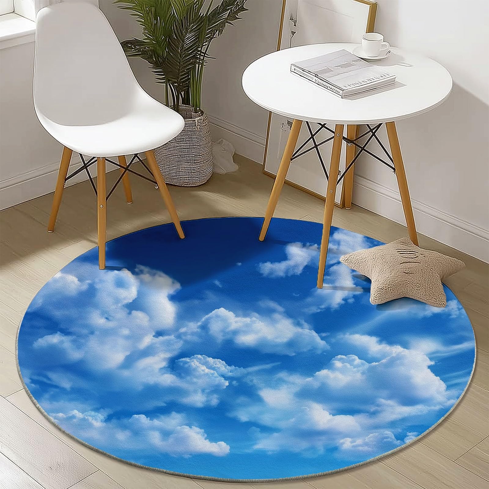 Tappeto Rotondo Fotografia Stile 90cm, Morbido Antiscivolo Lavabile Salotto Passatoia Realismo Cielo Azzurro Nuvole Bianche Tappeto Stampato per Bambini Cameretta Cucina Casa Zona Balcone Blue
