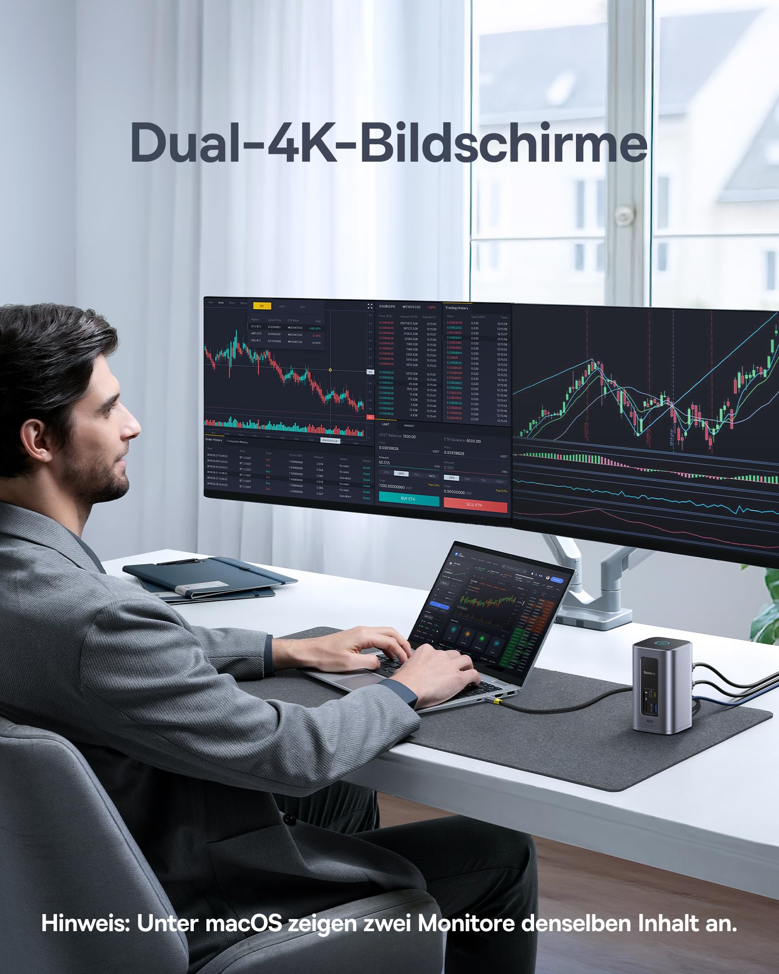 Baseus Nomos Air 12 in 1 Docking Station Dockingstation 2 Monitore für Windows, mit 4K HDMI, 10Gbps USB-C/A, SD/TF, 100W PD, Gigabit Ethernet, Kompatibel für Laptop HP/Lenovo/Dell/Acer