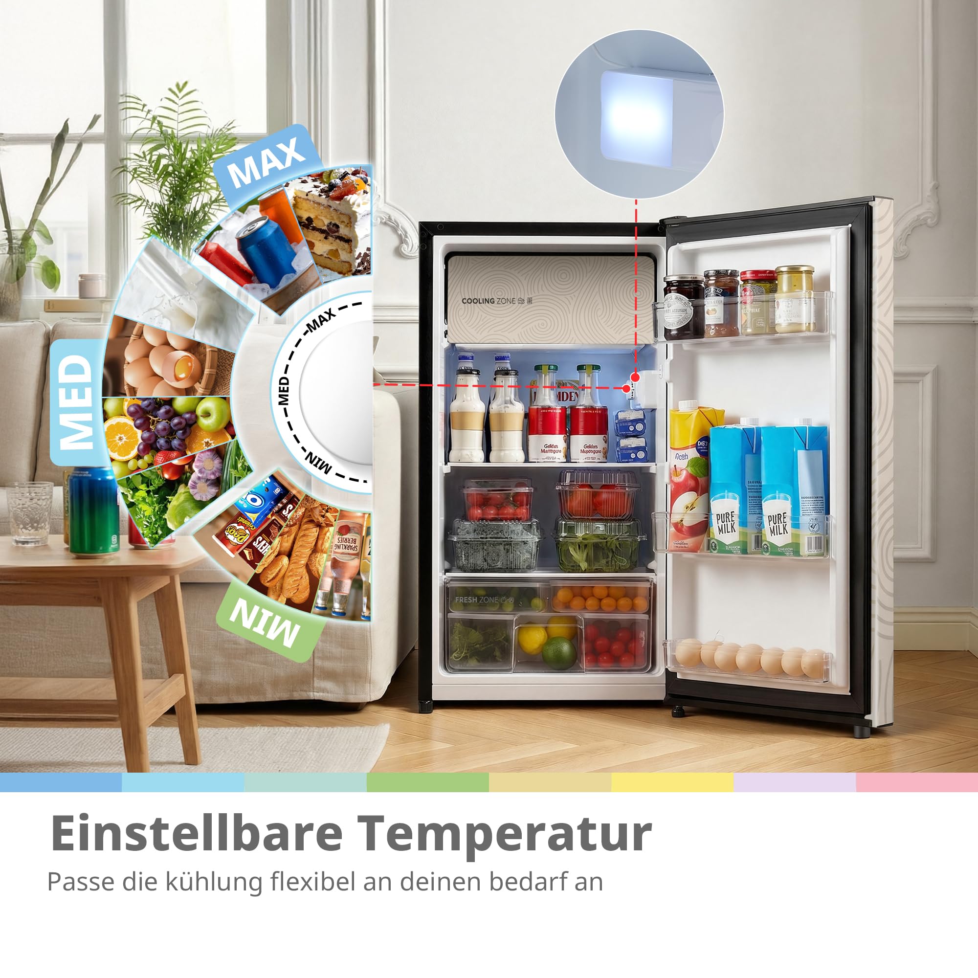 Comfee 88L Kühlschrank mit Chill Box-Fach,42db,Abnehmbarem Griff,82.7cm Höh | Gelb,Einstellbare Temperatur, Wechselbarer Türanschlag,Chill Box-Fach, Herausnehmbare Glasablagen, Modernes Design, EEK E