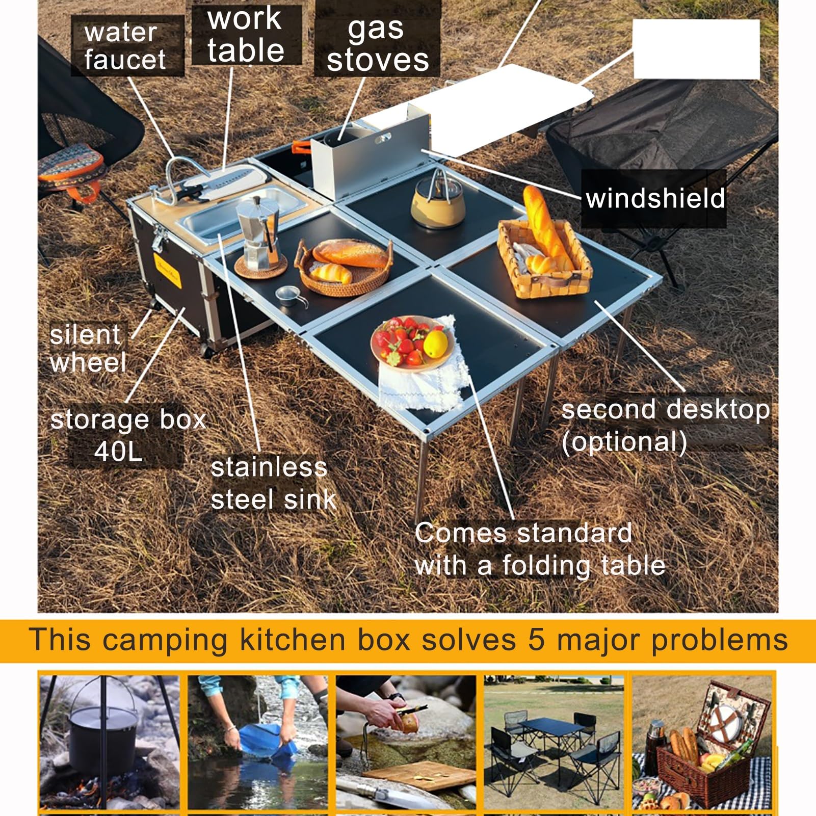 WOLWES Campingküche Mit Herd und Spüle Camping Box Mit Rollen Campingtisch Faltbar Outdoor Küche für 2~4 Personen Camping Set (Size : Standard Edition)