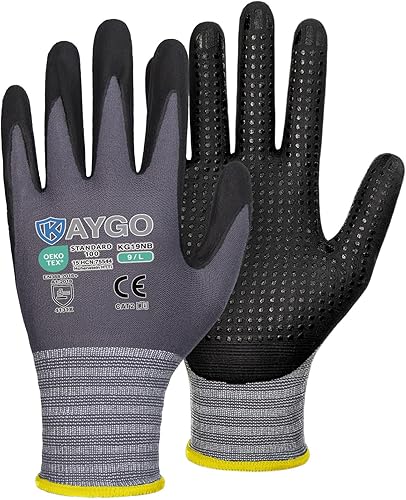 Miniatura 15 de KAYGO MicroFoam - Guantes de trabajo con revestimiento de nitrilo, 12 pares KG19N de nailon de punto sin costuras, micropuntos para un mejor agarre