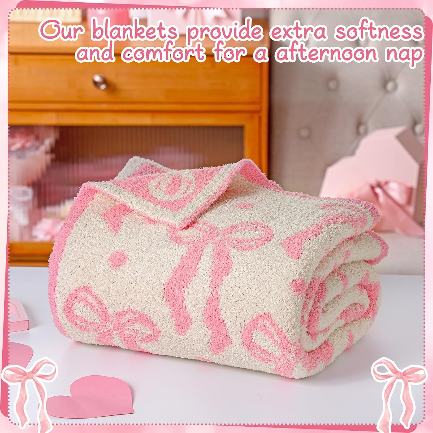 Buryeah Pink Bow Blanket Winter Soft Microfiber Bow Throw Blanket Double Sided Coquette Aesthetic Plush Bedding Stuff Sofa Dormitory Room Decor Valentine's Day Gifts for Her, Women, 50"x 60" - Image 5