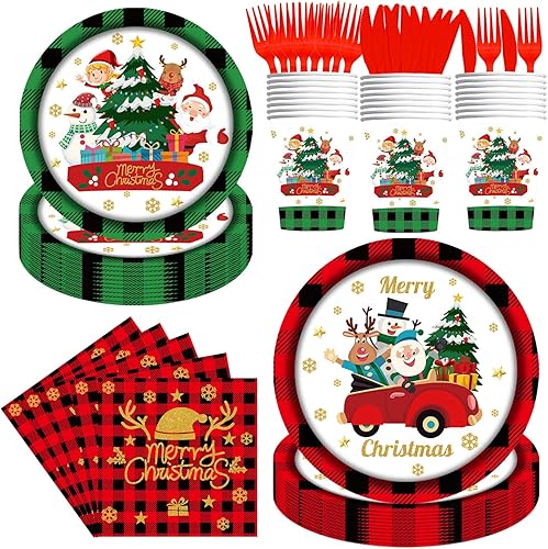 144Pcs Christmas Party Supplies, Christmas Plates and Napkins Set for 24 Guests, Merry Christmas Party Tableware Set for Buffalo Plaid Xmas Party
