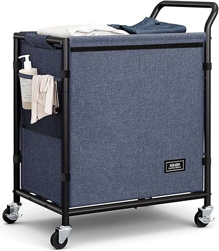 SOLEDI Cesta doble para la ropa sucia con ruedas, 36 galones (135 litros), cesta grande de 2 secciones, marco de metal resistente con asa, carrito